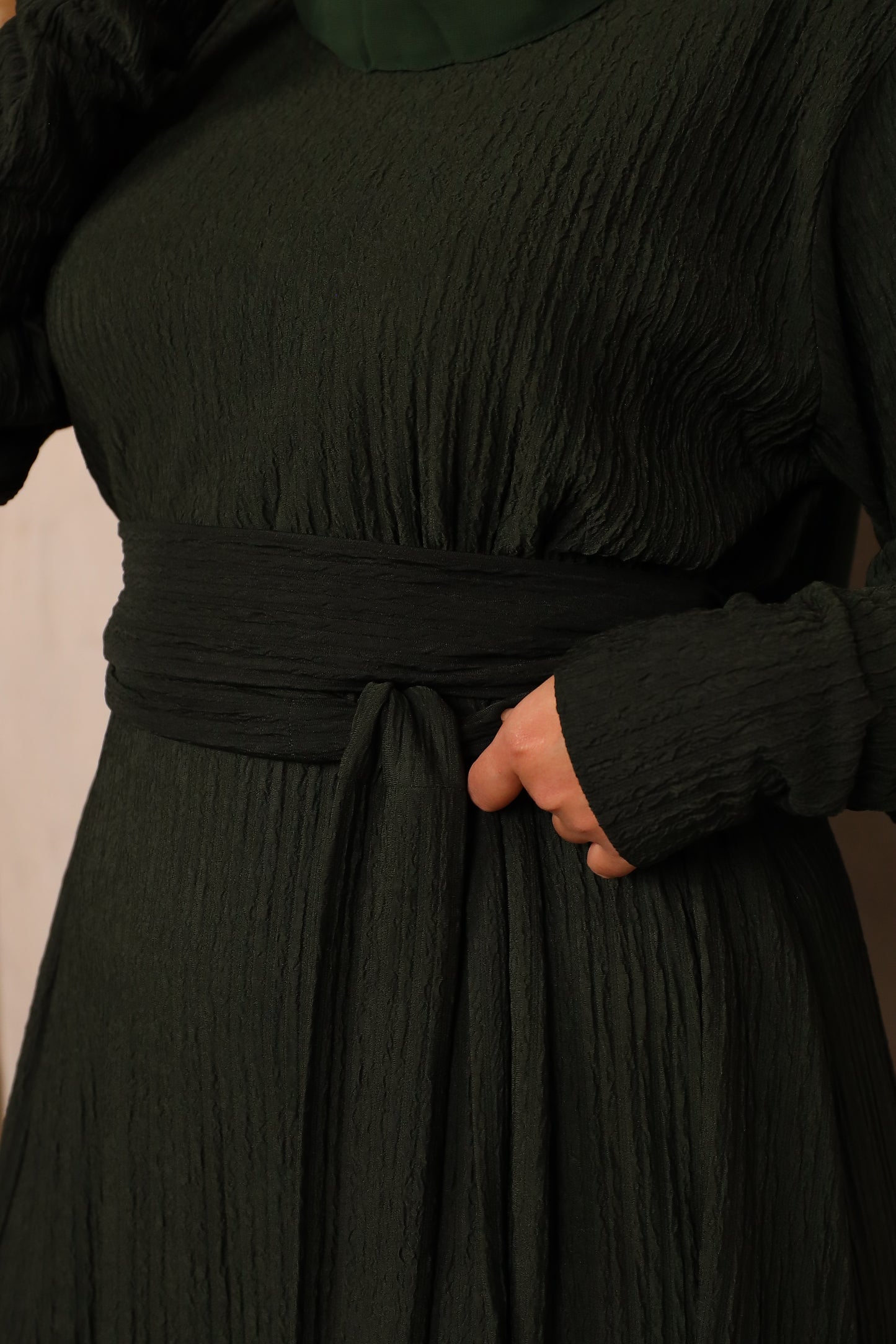 Ava Puff Sleeve textured Knit Abaya Dress in Forest Green