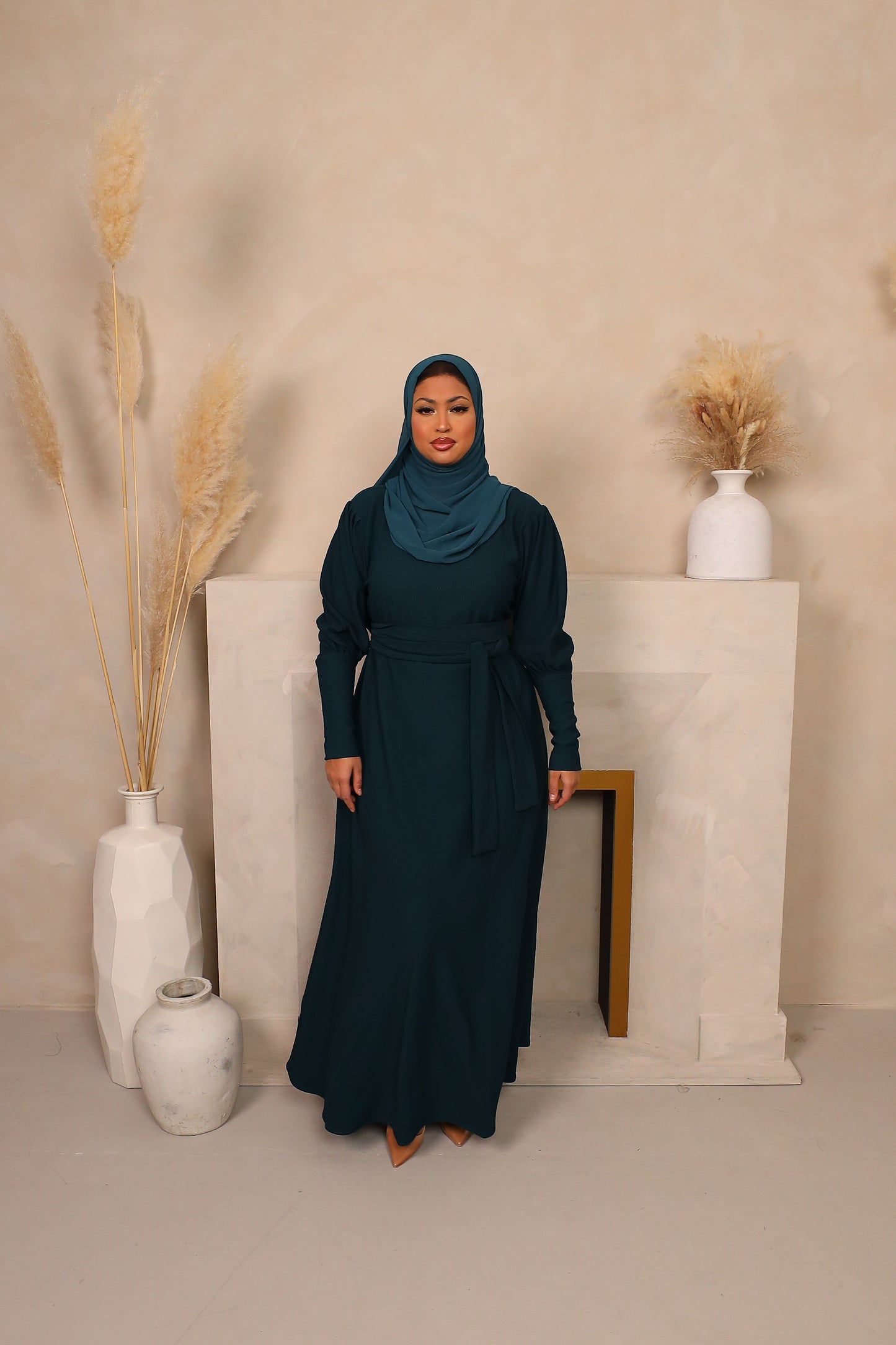 Ava Puff Sleeve textured Knit Abaya Dress in Teal Green
