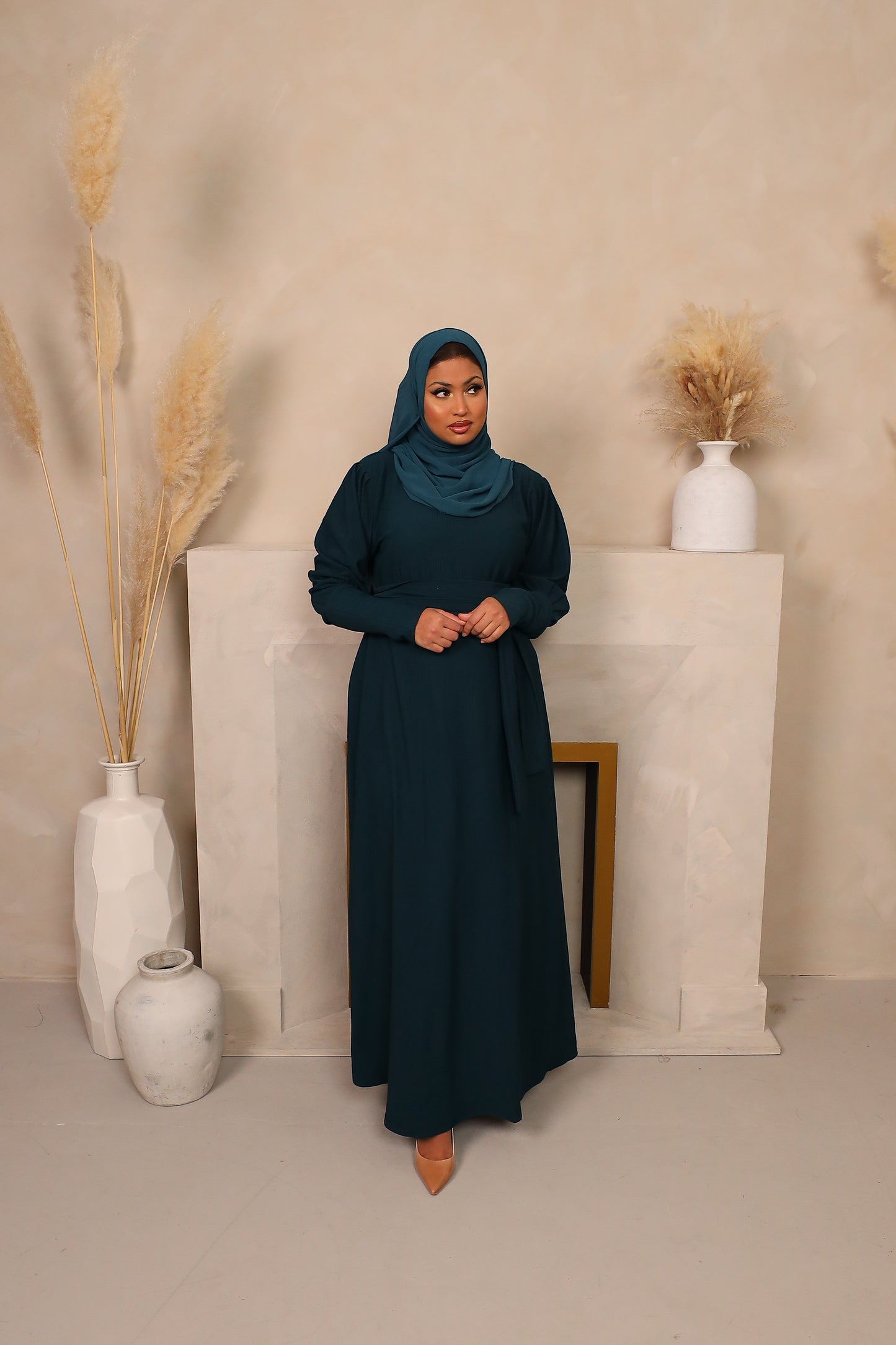 Ava Puff Sleeve textured Knit Abaya Dress in Teal Green