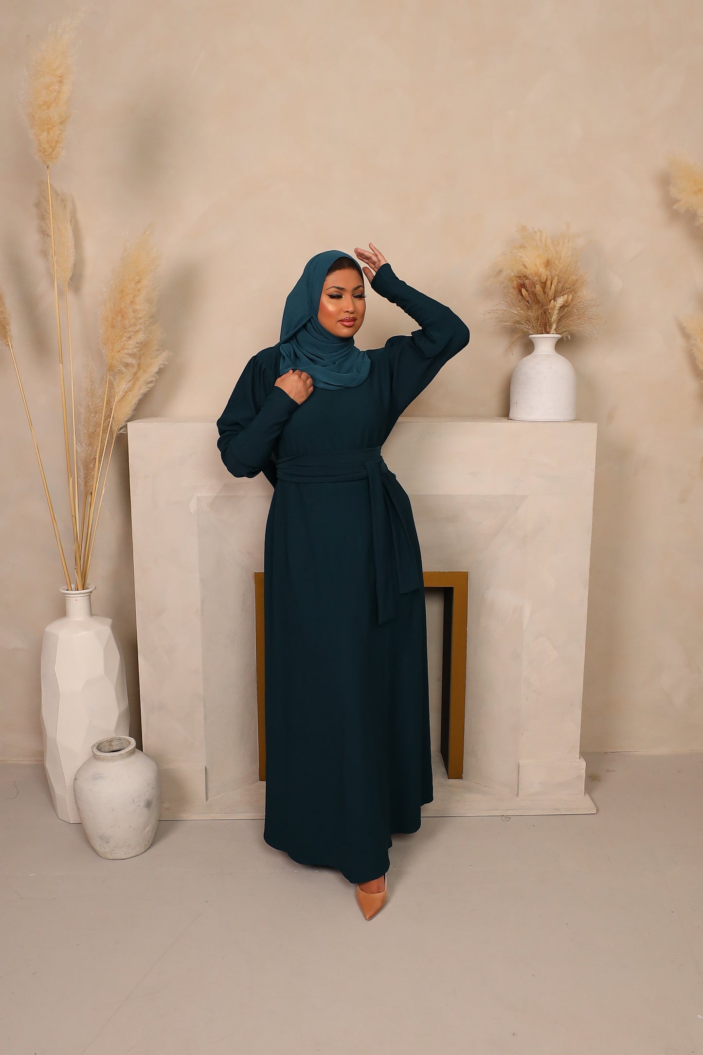 Ava Puff Sleeve textured Knit Abaya Dress in Teal Green