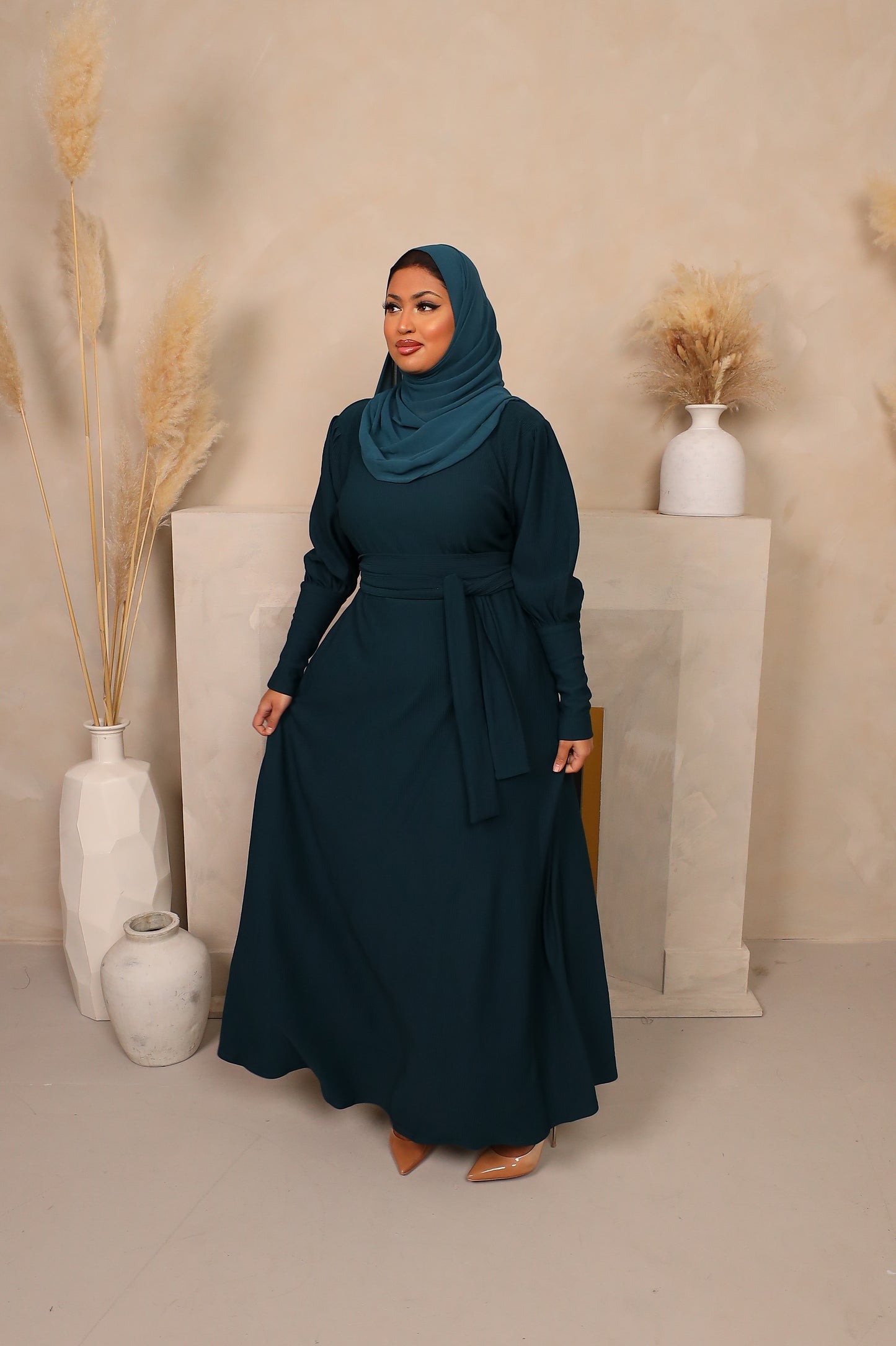 Ava Puff Sleeve textured Knit Abaya Dress in Teal Green