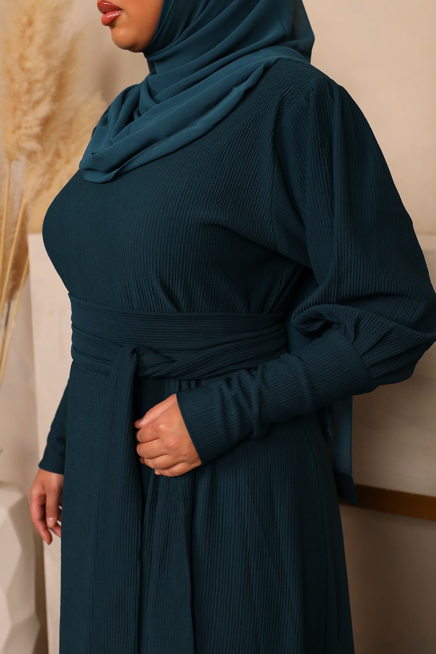 Ava Puff Sleeve textured Knit Abaya Dress in Teal Green