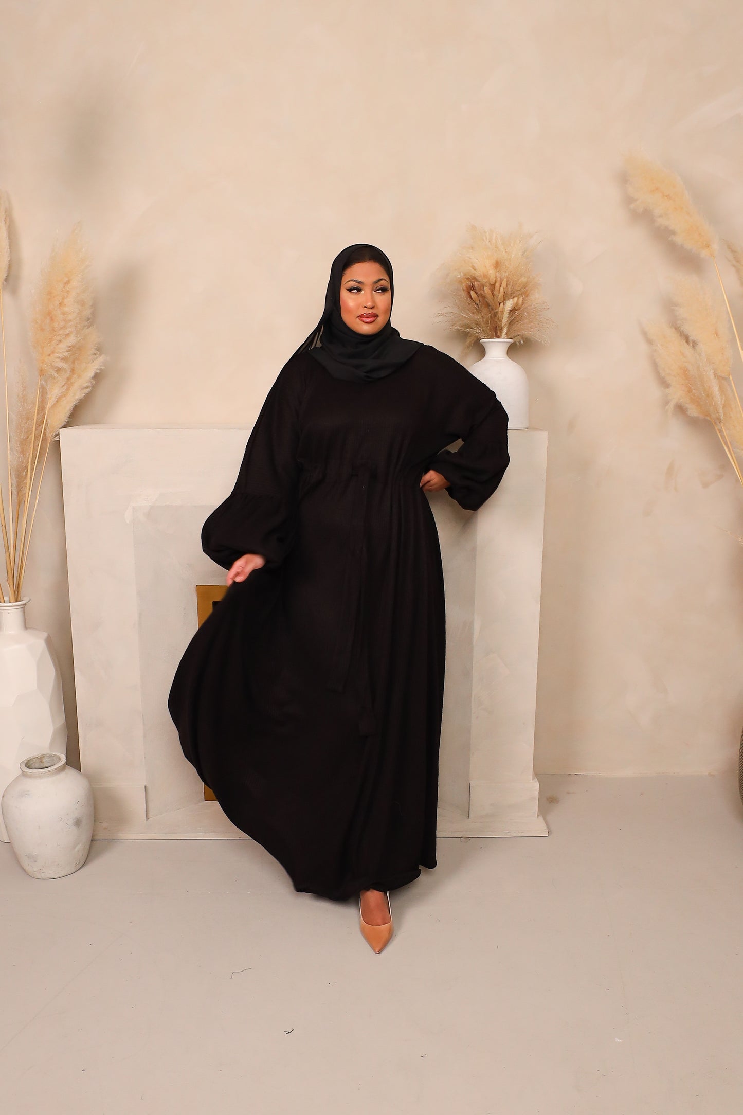 Baria Bubble Sleeve Abaya Jersey knit in Black