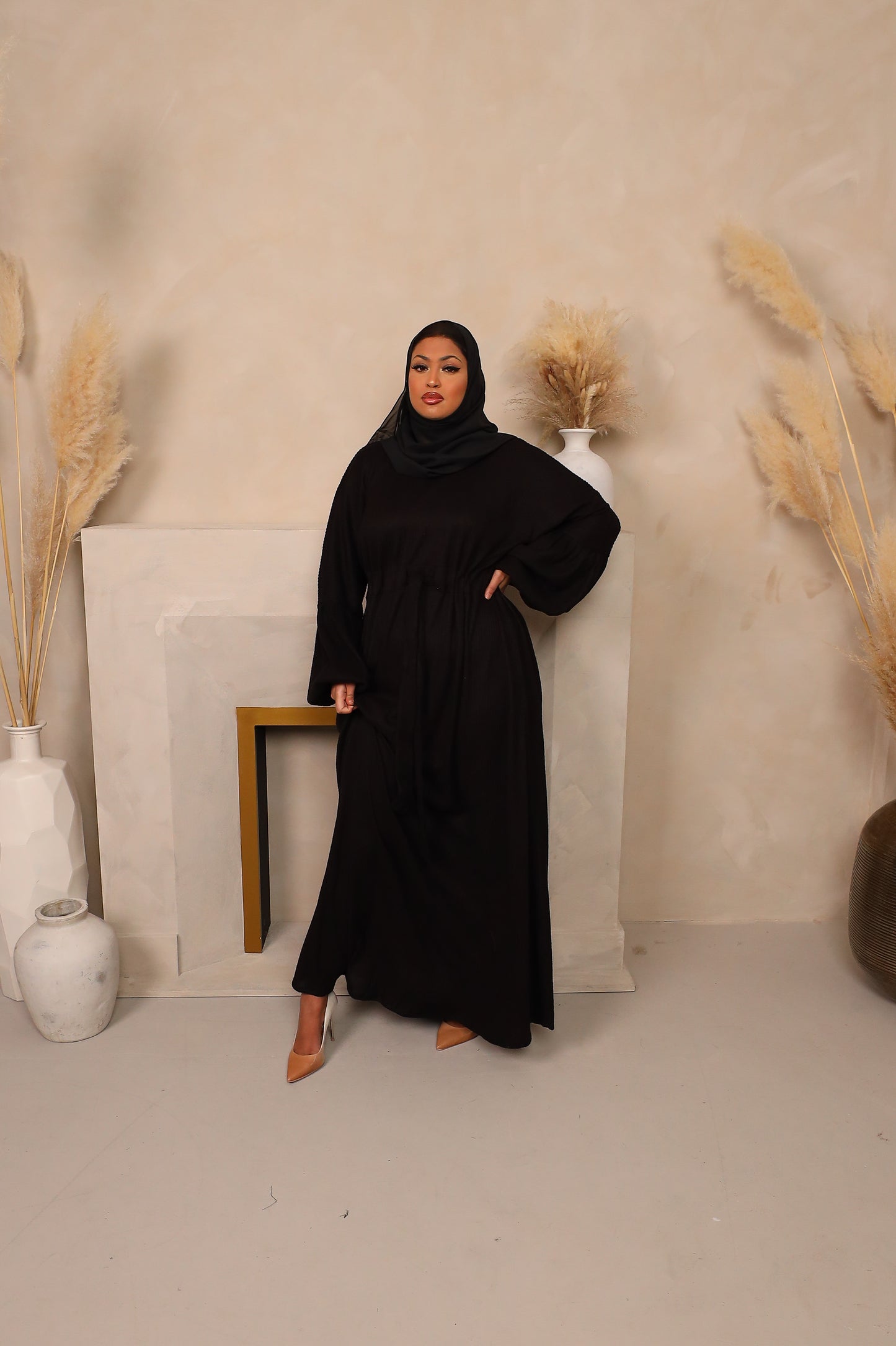Baria Bubble Sleeve Abaya Jersey knit in Black
