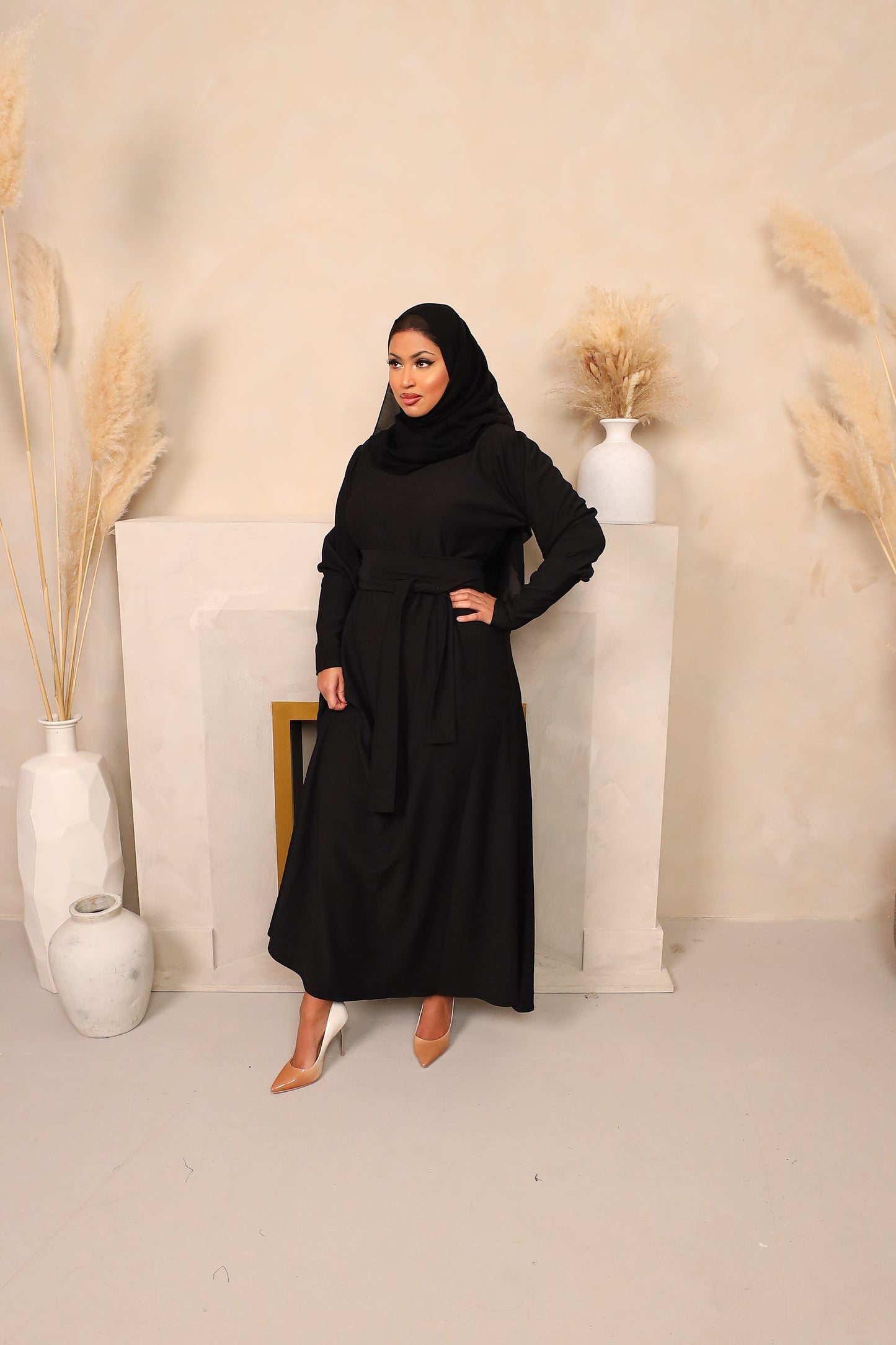 Ava Puff Sleeve textured Knit Abaya Dress in Black
