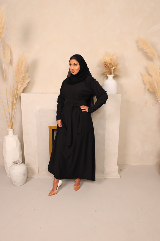 Ava Puff Sleeve textured Knit Abaya Dress in Black
