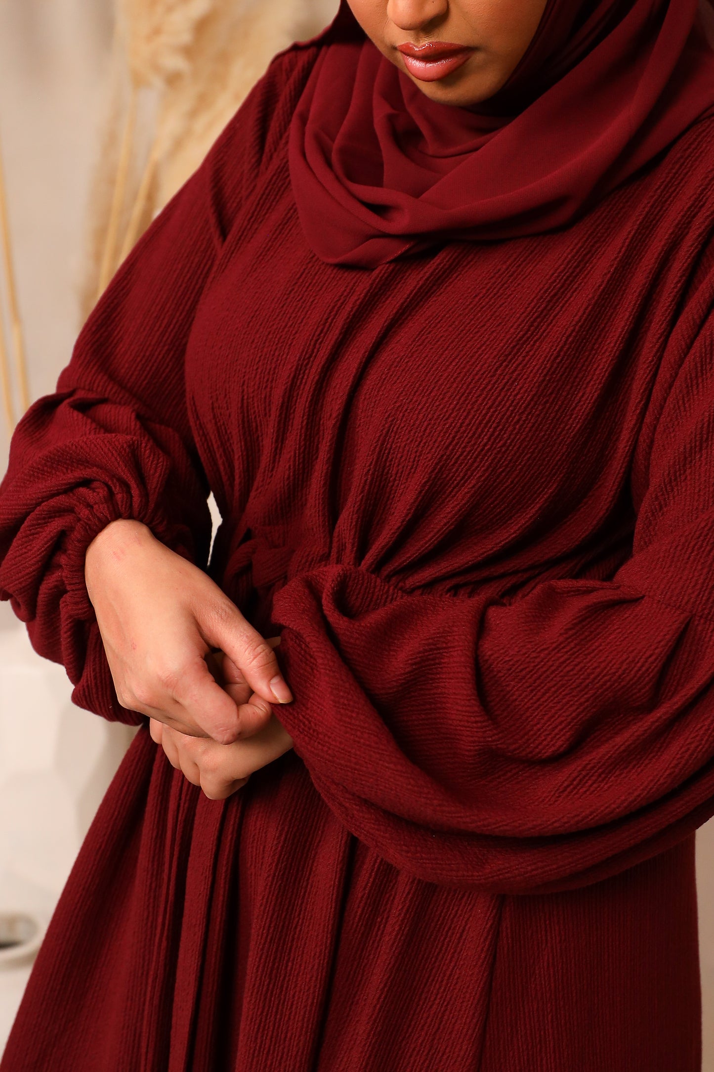 Baria Bubble Sleeve Abaya Jersey knit Maroon
