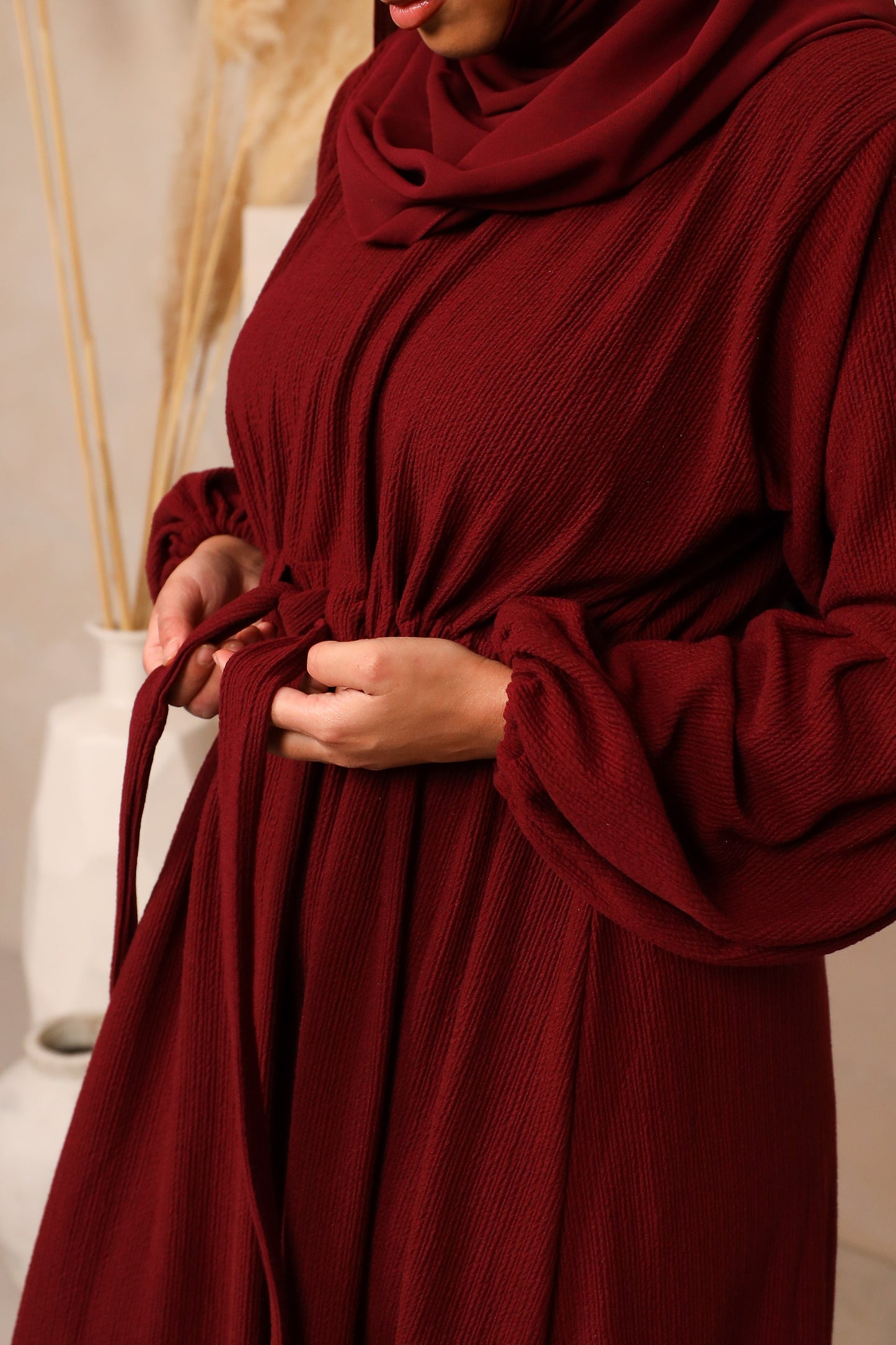 Baria Bubble Sleeve Abaya Jersey knit Maroon