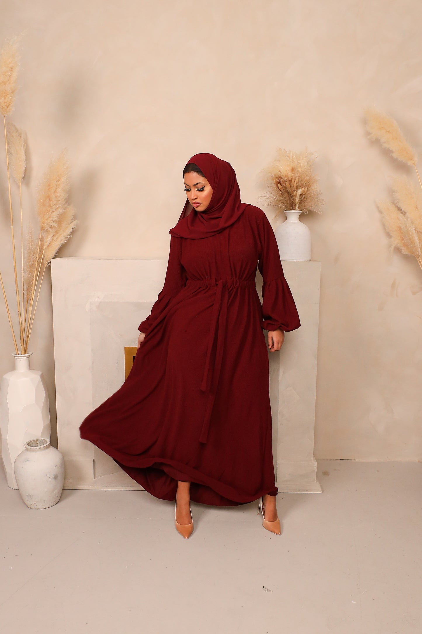 Baria Bubble Sleeve Abaya Jersey knit Maroon