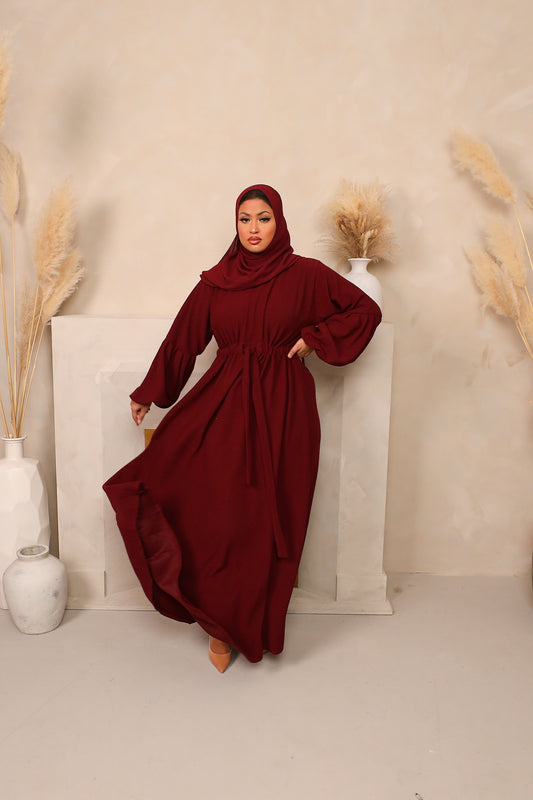 Baria Bubble Sleeve Abaya Jersey knit Maroon