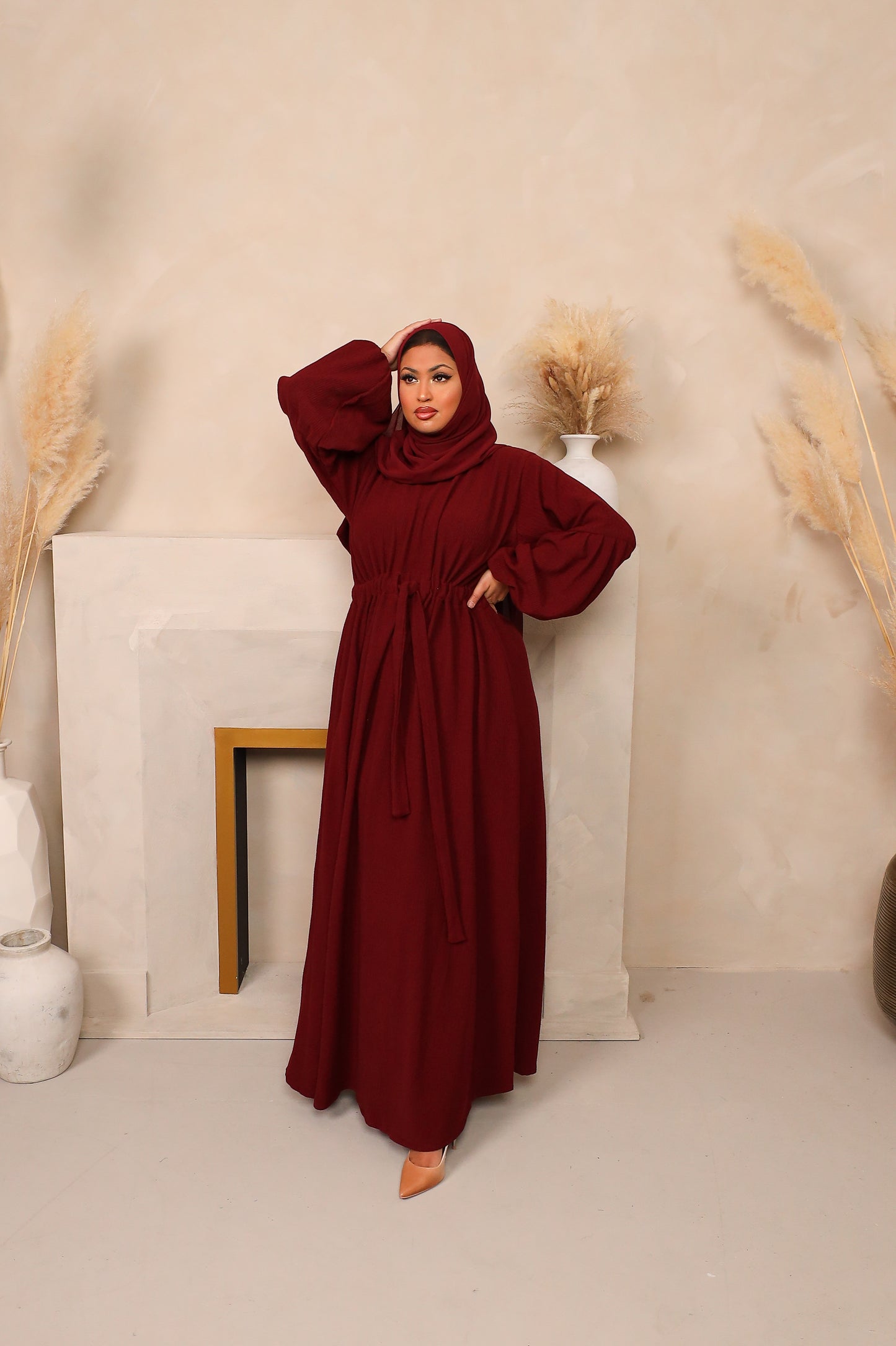 Baria Bubble Sleeve Abaya Jersey knit Maroon
