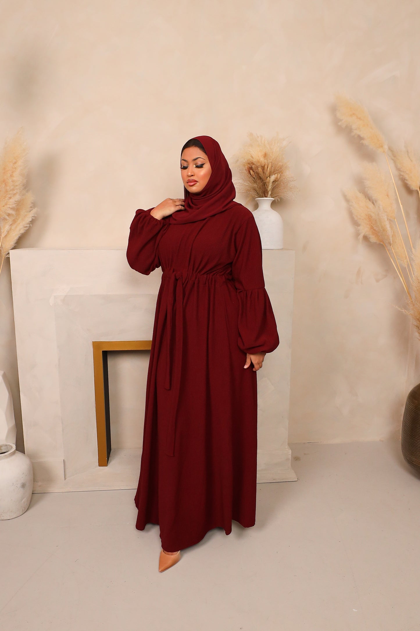 Baria Bubble Sleeve Abaya Jersey knit Maroon