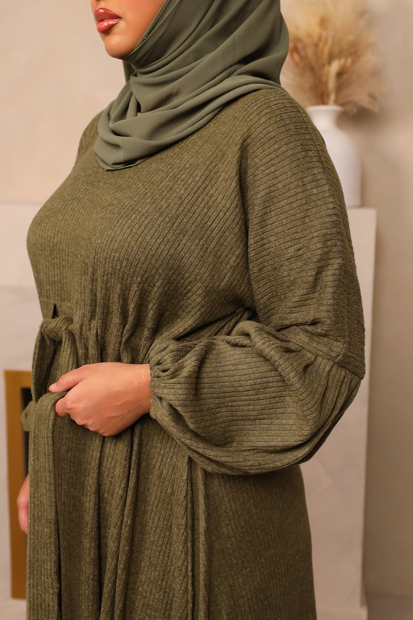 Baria Bubble Sleeve Abaya Jersey knit Olive Green