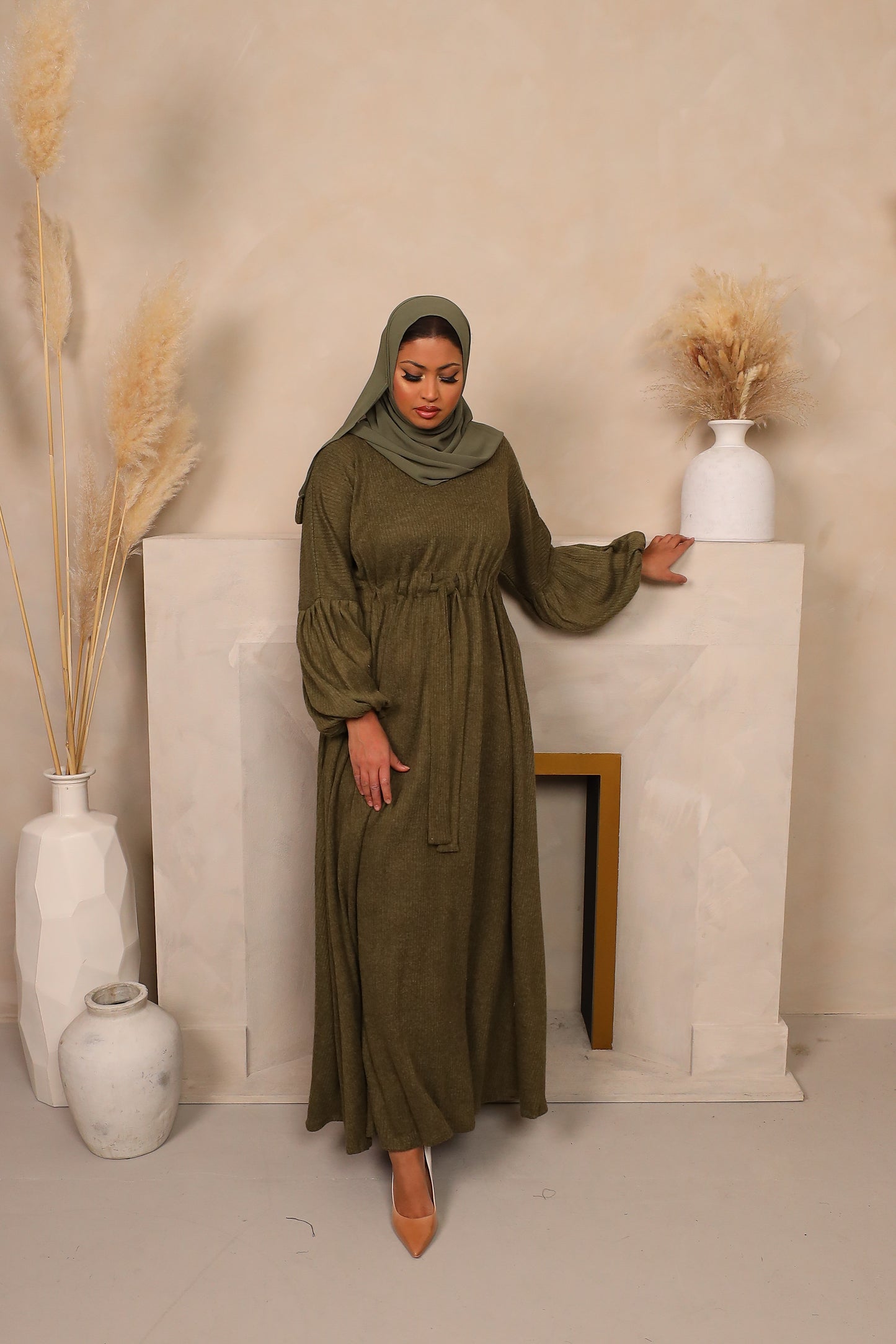 Baria Bubble Sleeve Abaya Jersey knit Olive Green