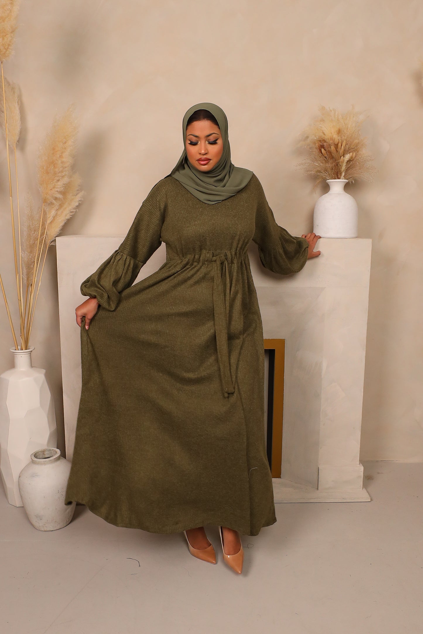 Baria Bubble Sleeve Abaya Jersey knit Olive Green