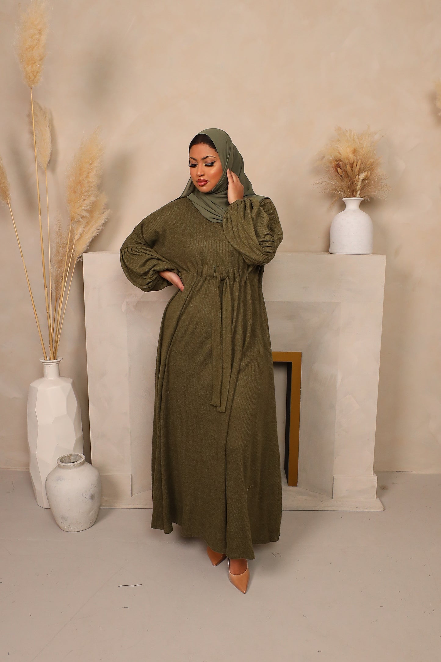 Baria Bubble Sleeve Abaya Jersey knit Olive Green