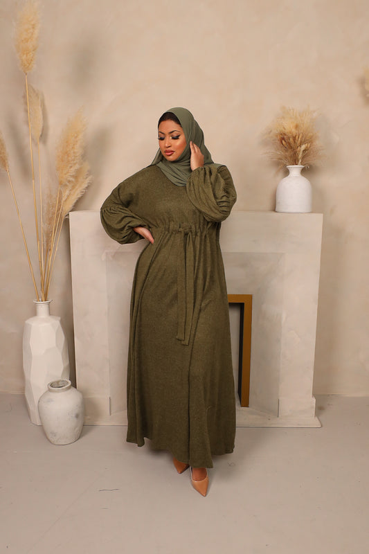 Baria Bubble Sleeve Abaya Jersey knit Olive Green