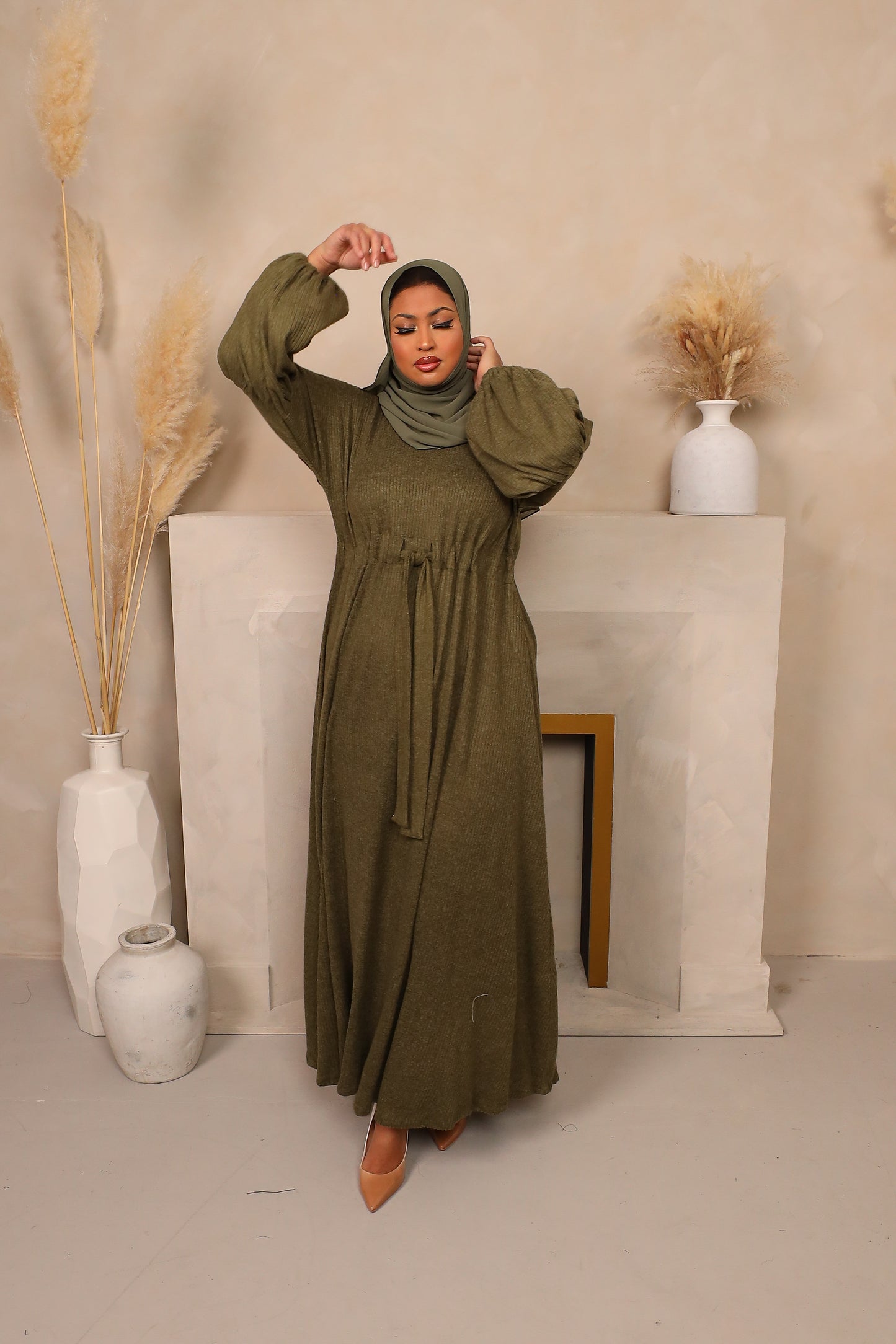 Baria Bubble Sleeve Abaya Jersey knit Olive Green