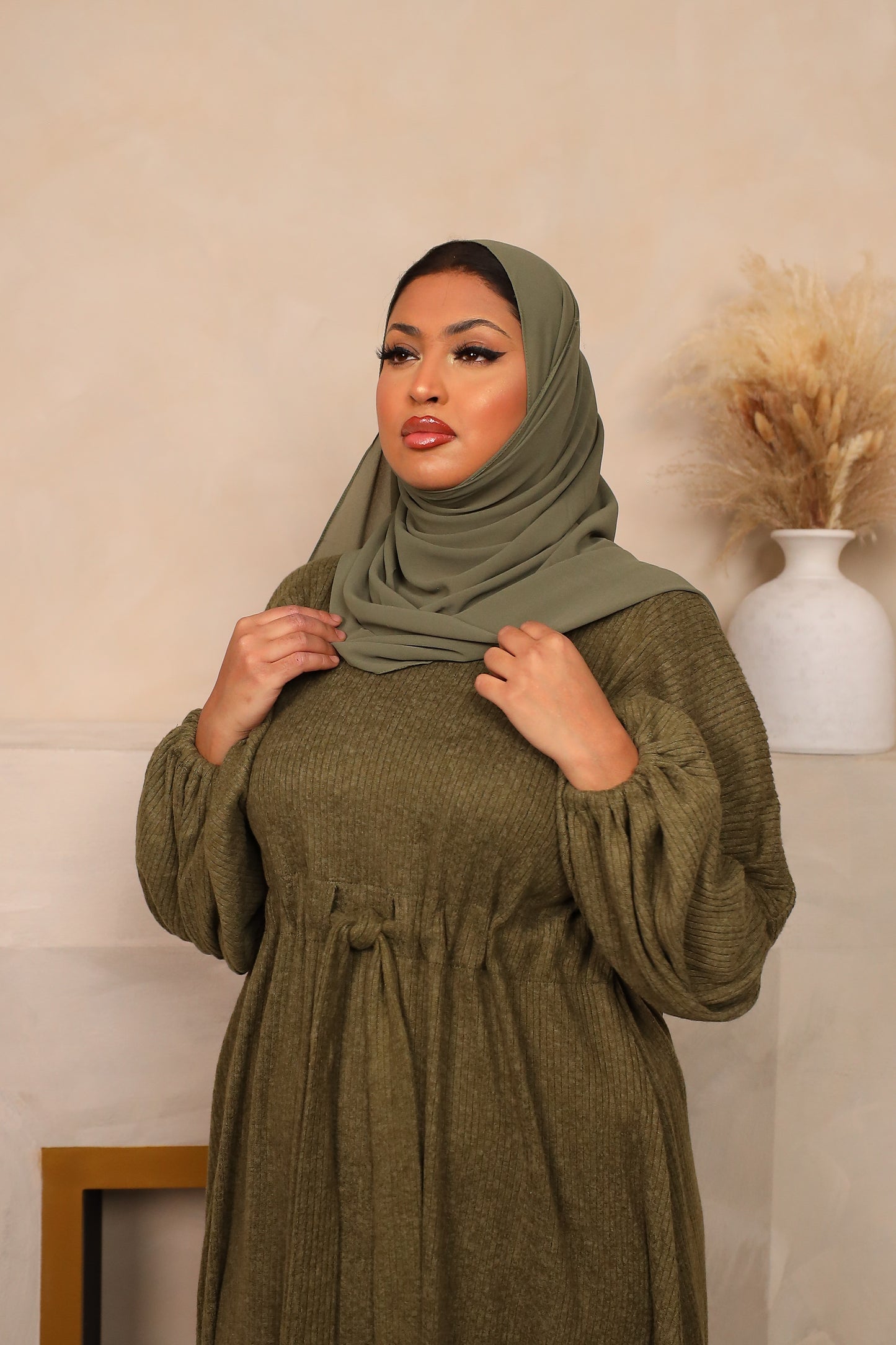 Baria Bubble Sleeve Abaya Jersey knit Olive Green