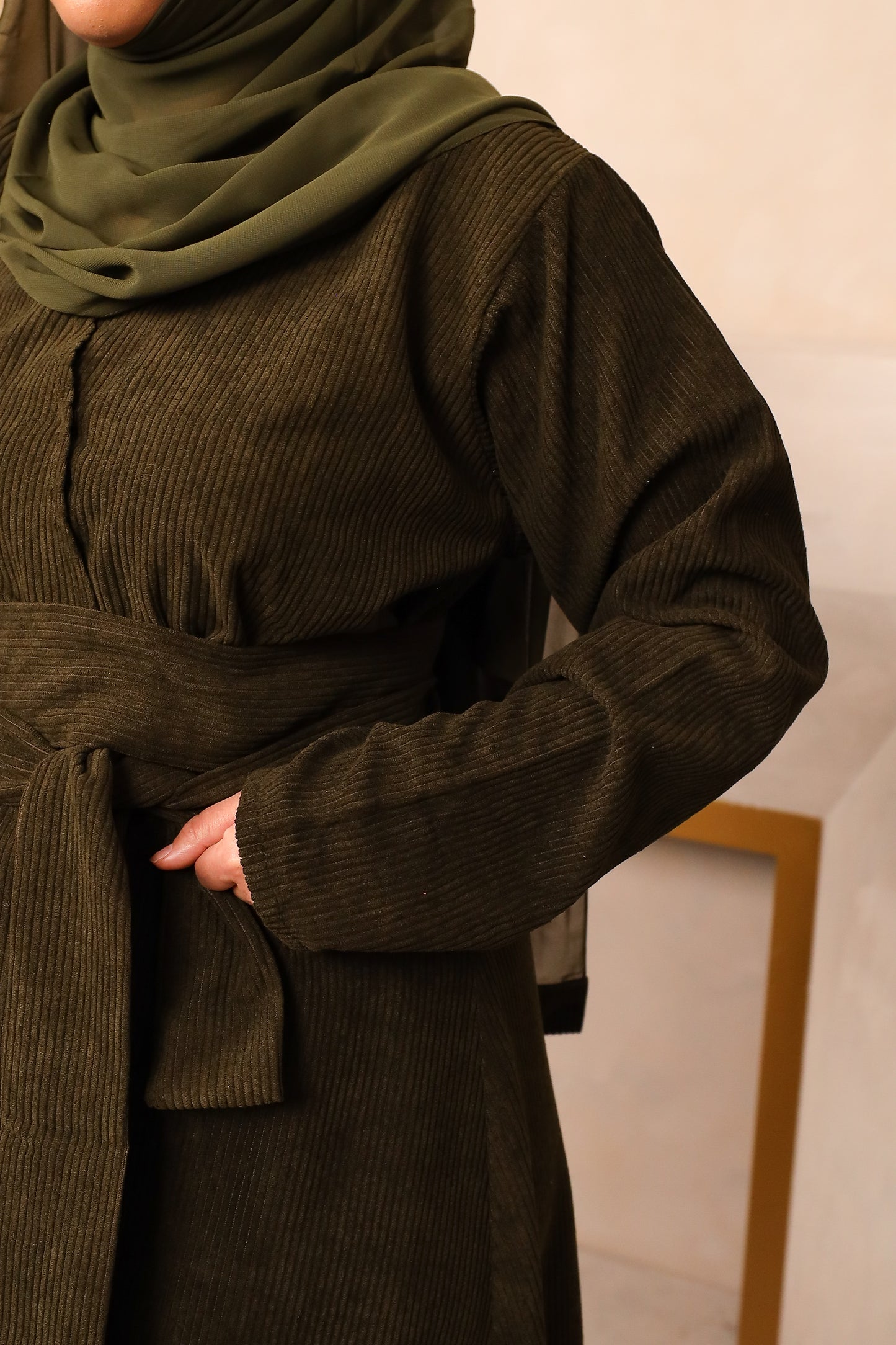 Winter Amal Aline Corduroy Abaya Khaki Green