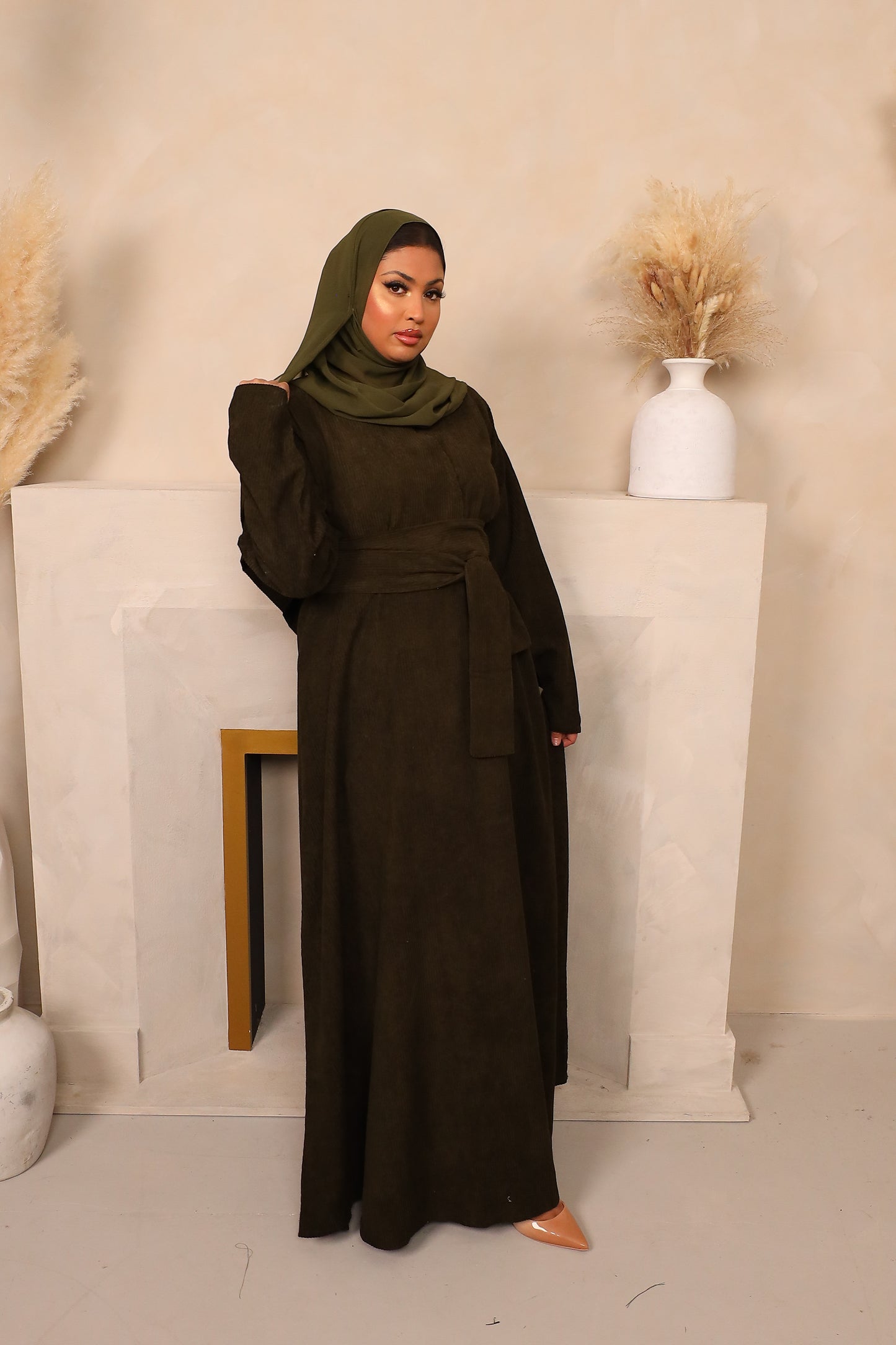 Winter Amal Aline Corduroy Abaya Khaki Green