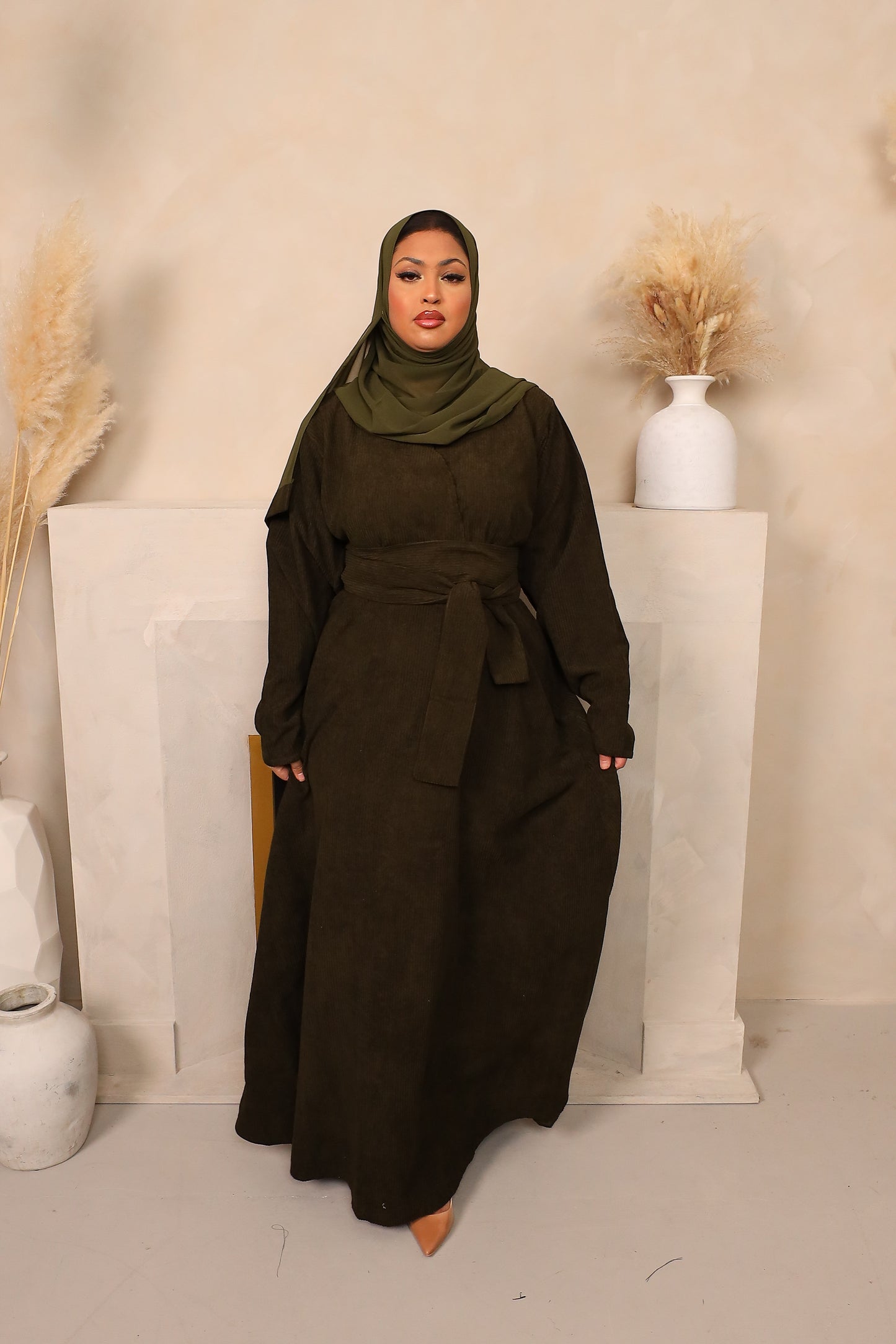 Winter Amal Aline Corduroy Abaya Khaki Green