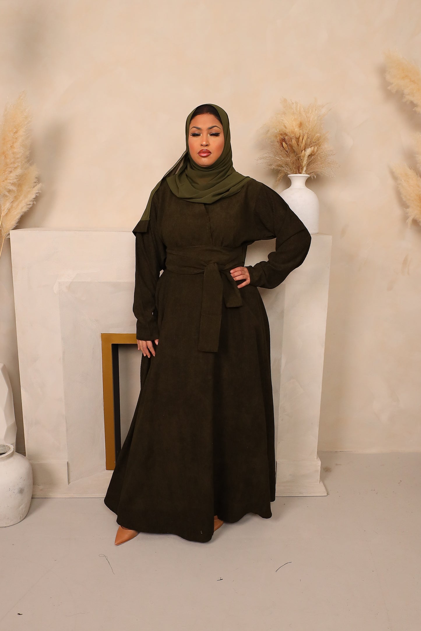 Winter Amal Aline Corduroy Abaya Khaki Green