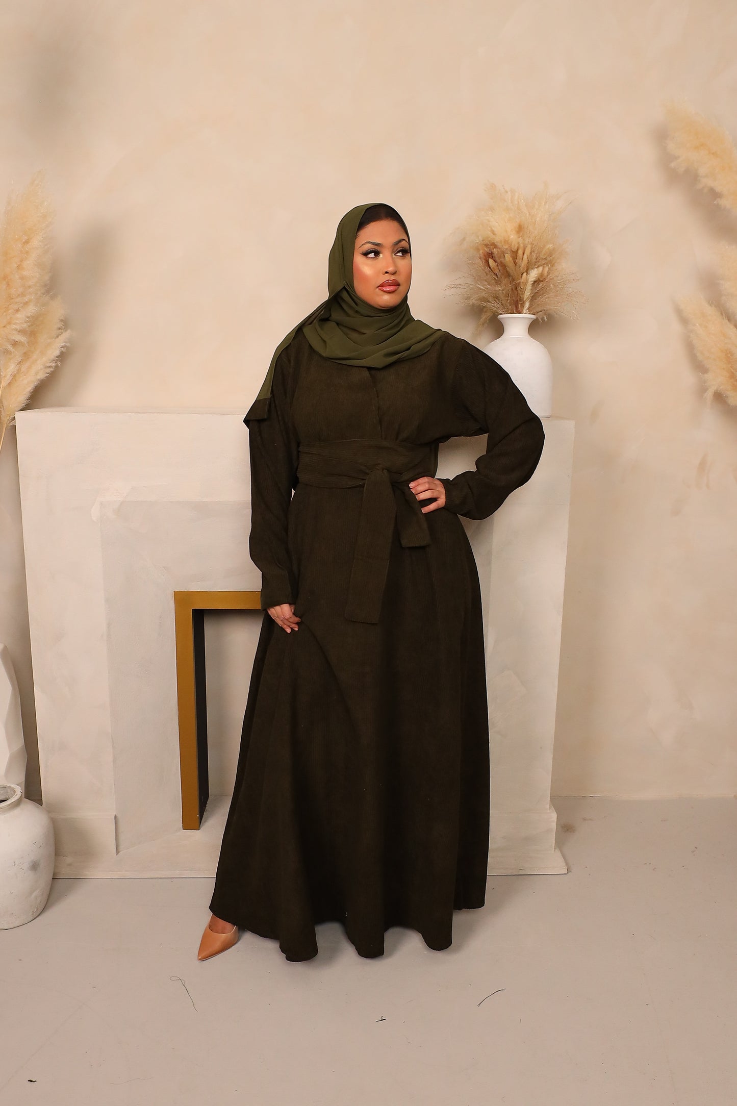Winter Amal Aline Corduroy Abaya Khaki Green