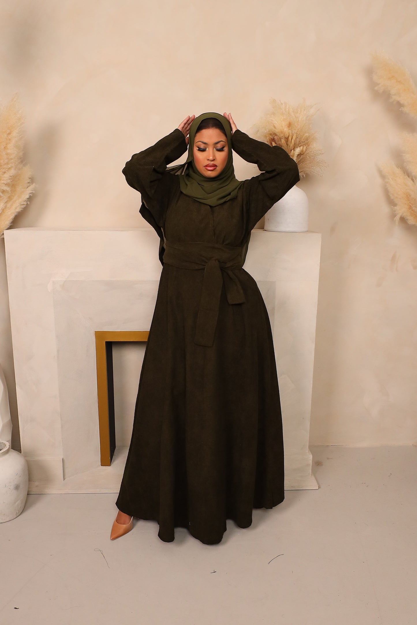 Winter Amal Aline Corduroy Abaya Khaki Green