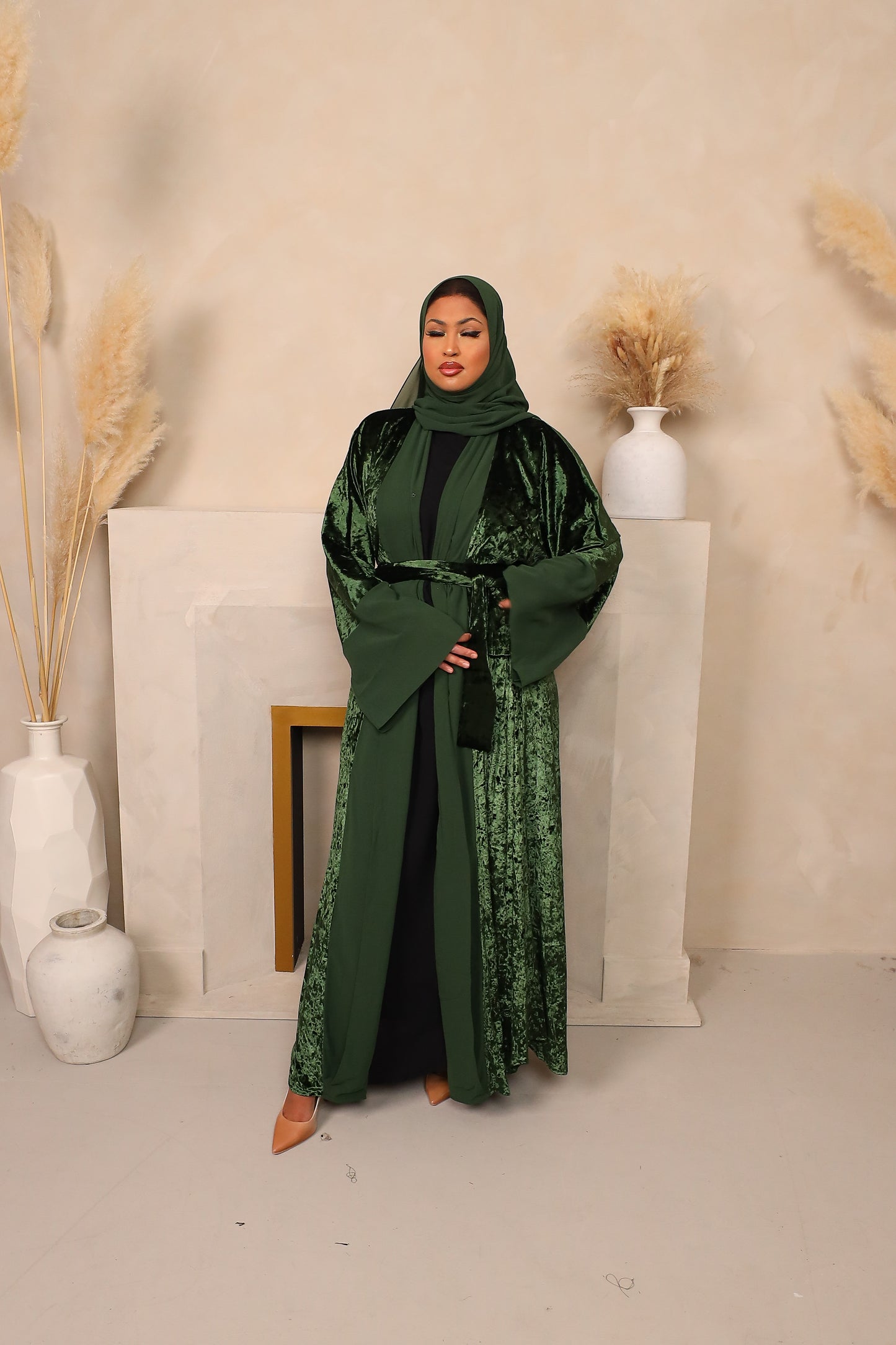 Roya Chiffon Velvet Open Flare Abaya Jacket in Dark Green