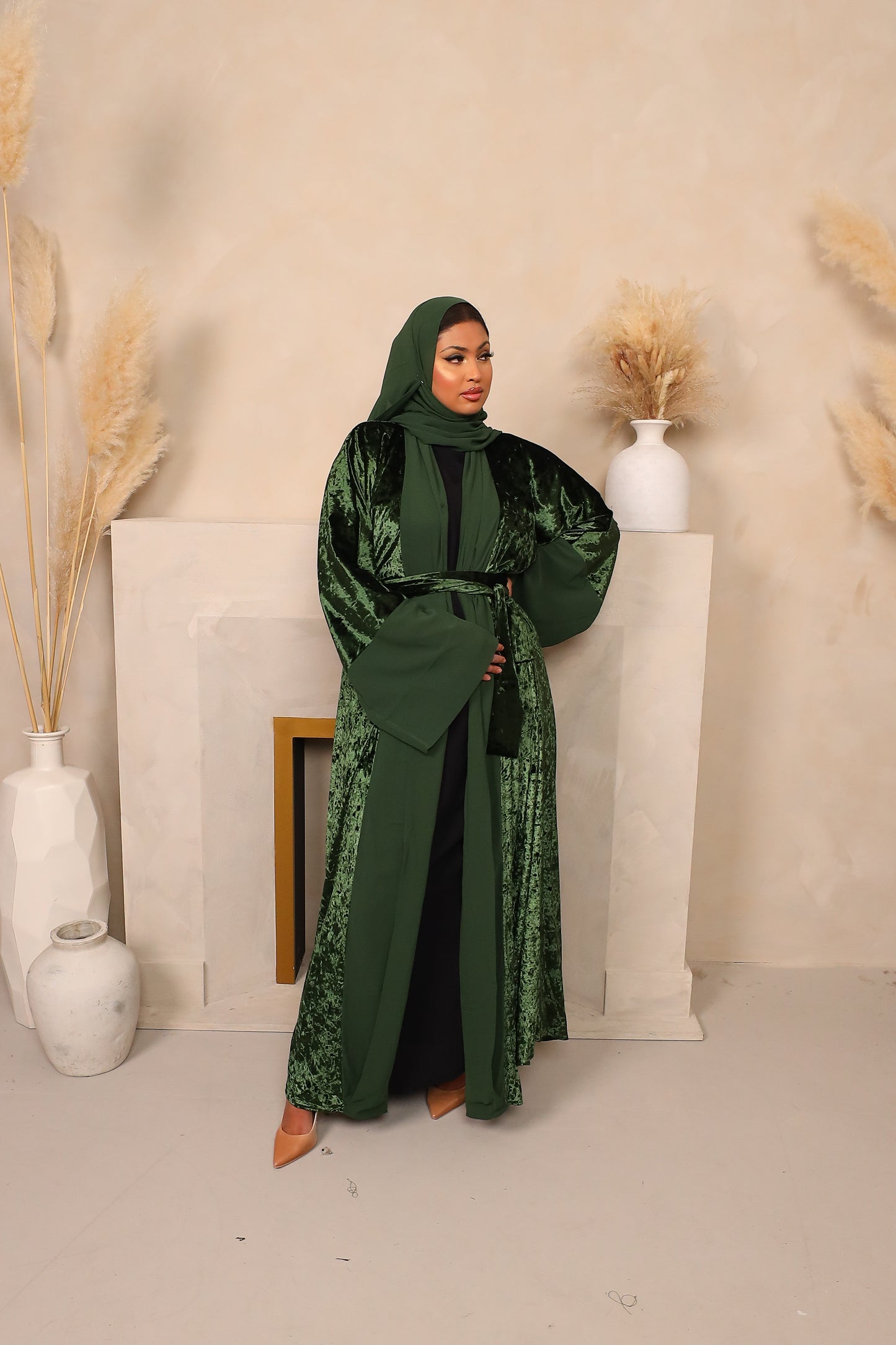 Roya Chiffon Velvet Open Flare Abaya Jacket in Dark Green