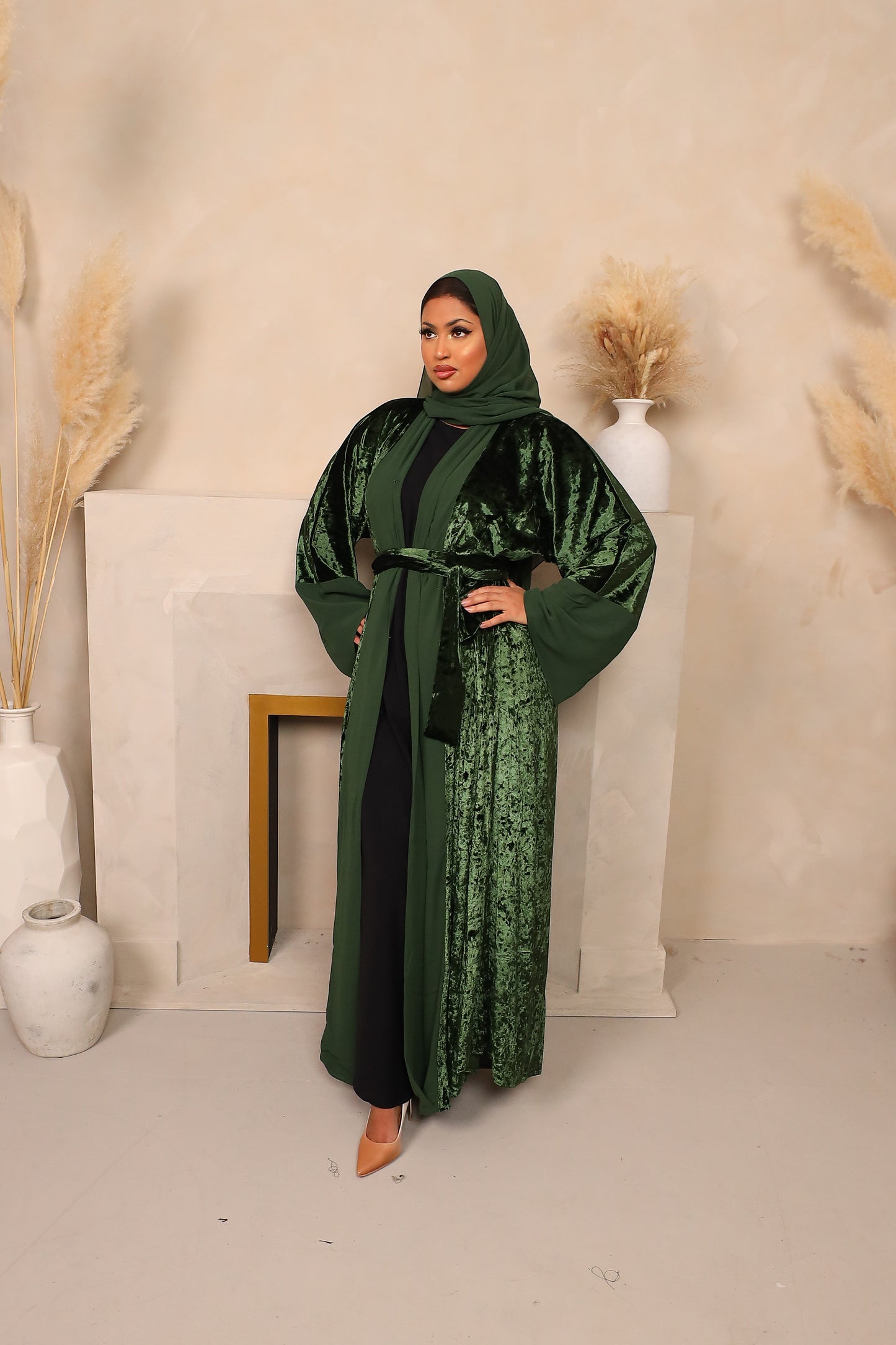 Roya Chiffon Velvet Open Flare Abaya Jacket in Dark Green