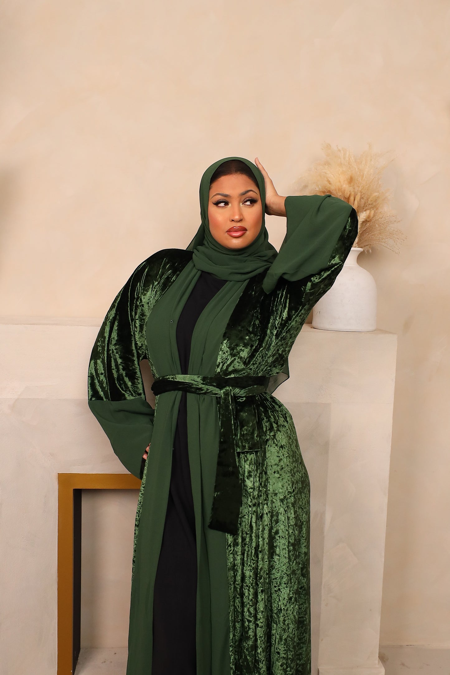 Roya Chiffon Velvet Open Flare Abaya Jacket in Dark Green