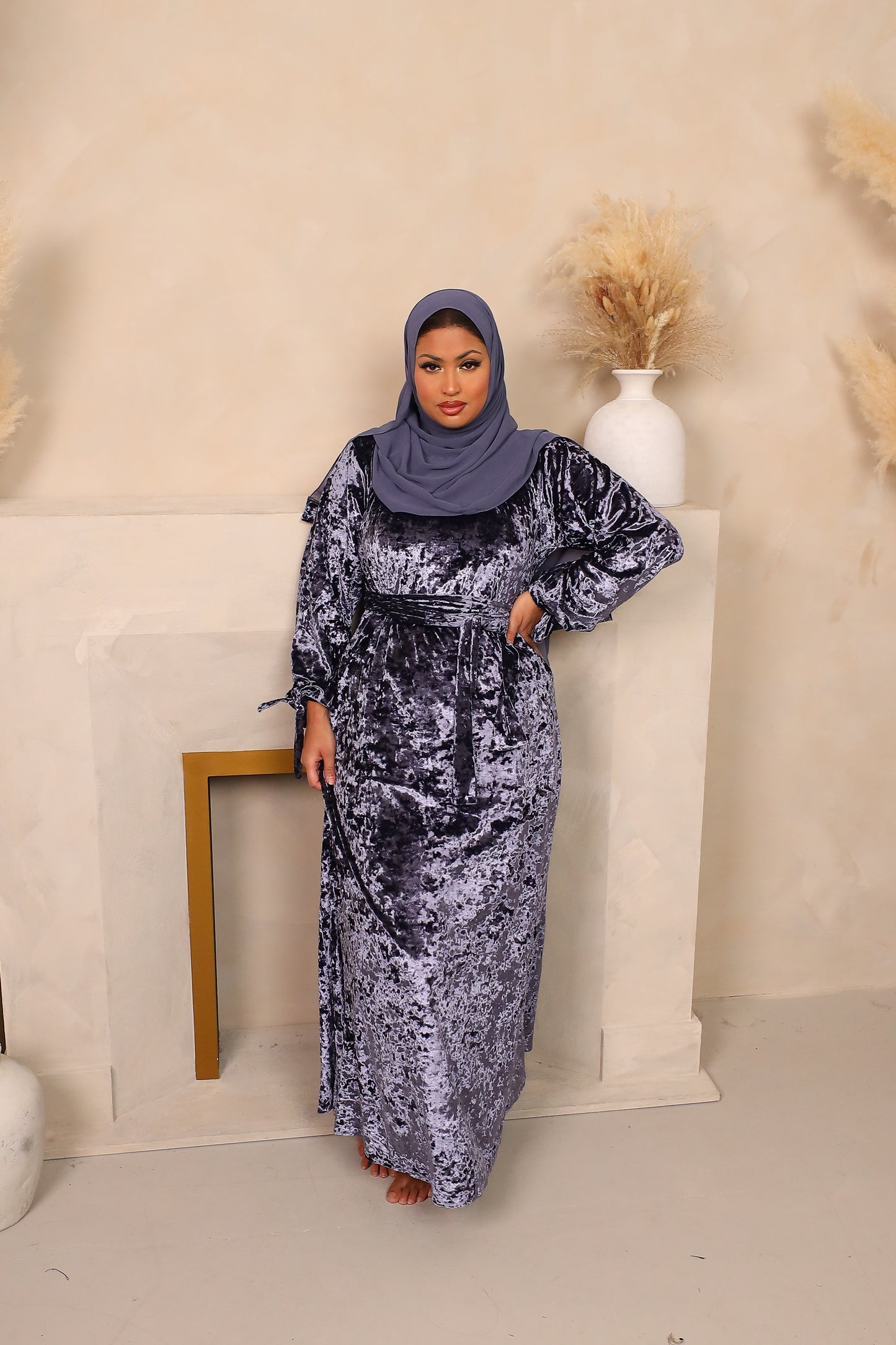 Grey Blue Velvet Aline abaya with tie sleeves