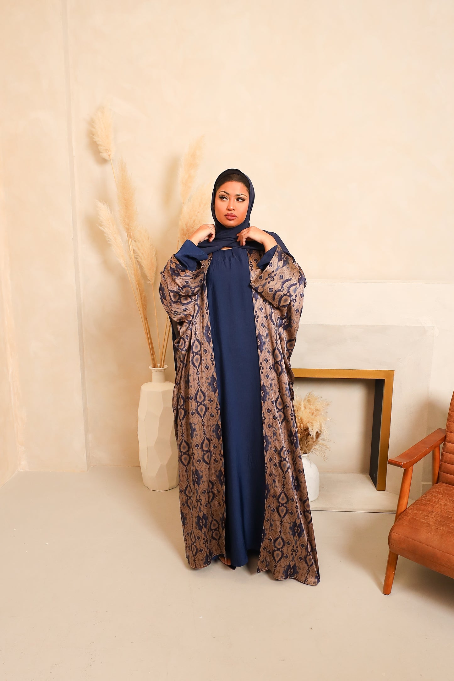 Zahra Batwing Farasha Open Jacket Abaya with inner in Aztec prints Navy -  4 piece set