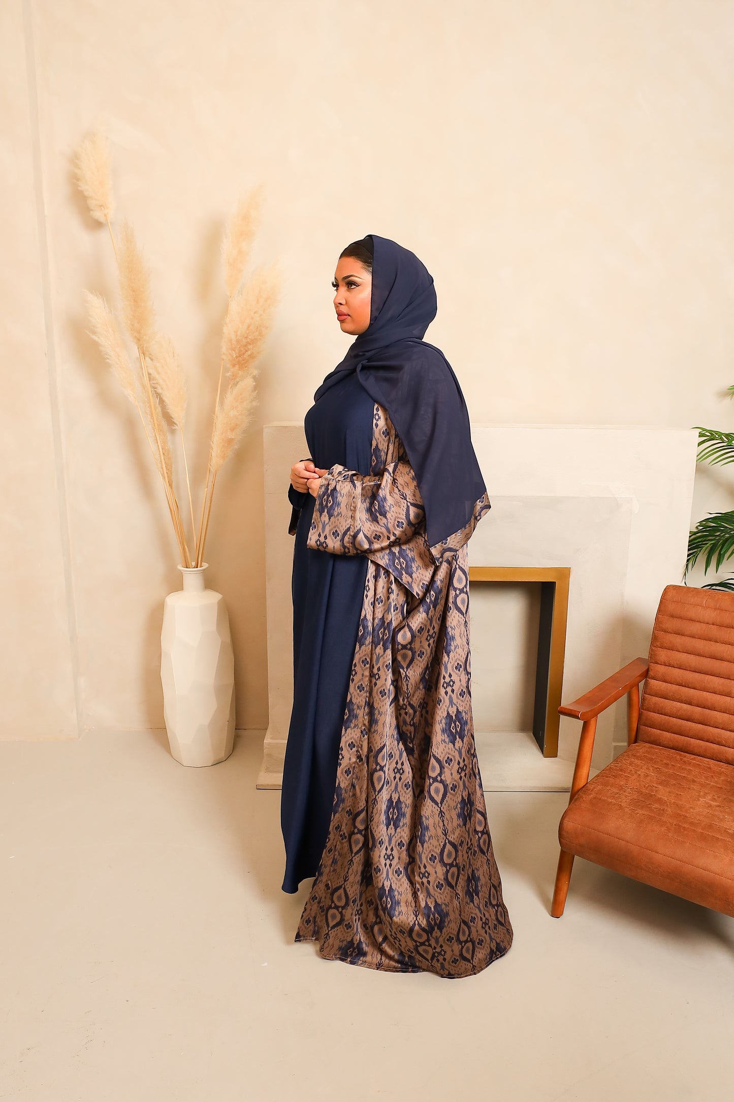 Zahra Batwing Farasha Open Jacket Abaya with inner in Aztec prints Navy -  4 piece set