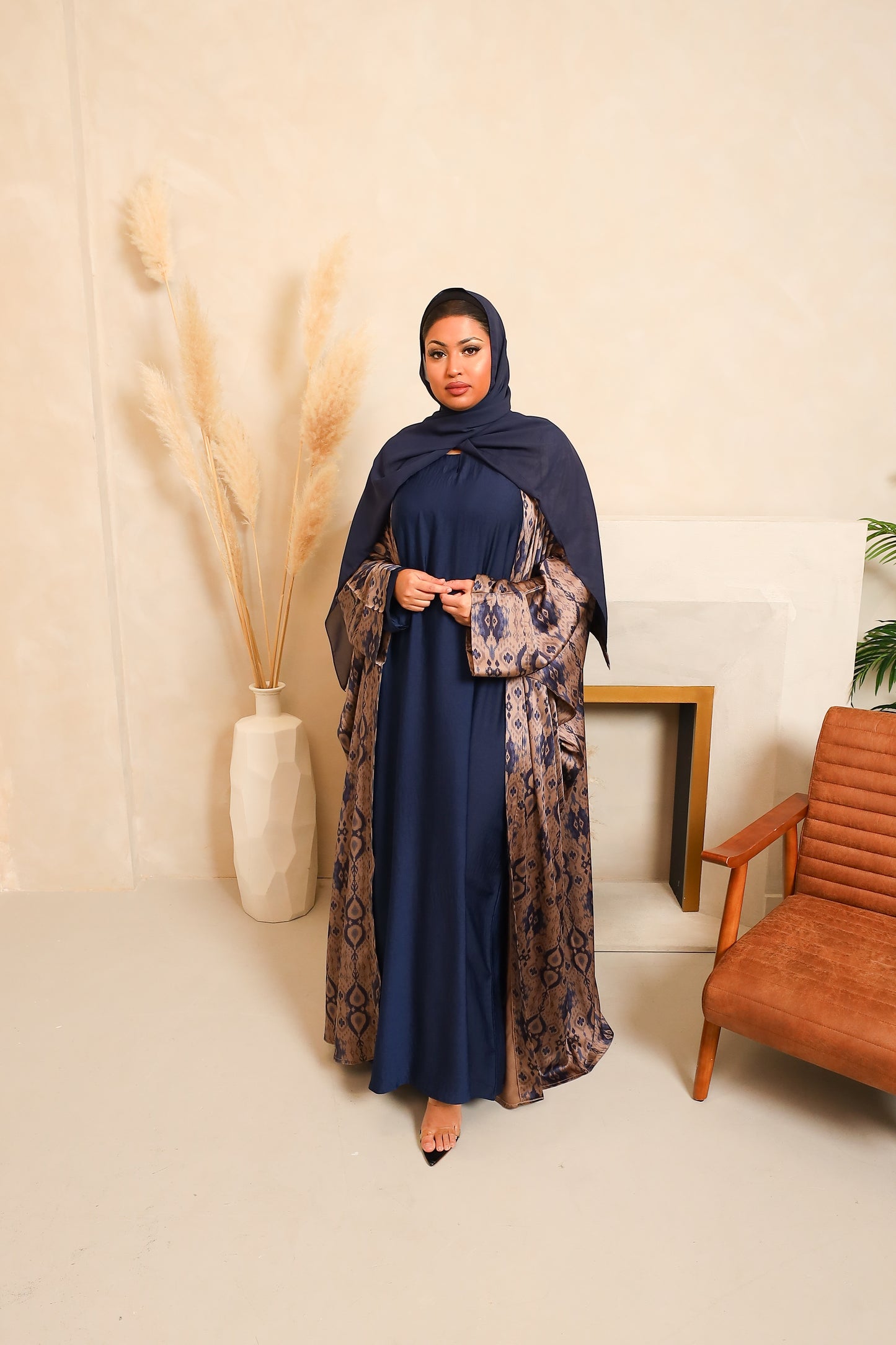 Zahra Batwing Farasha Open Jacket Abaya with inner in Aztec prints Navy -  4 piece set
