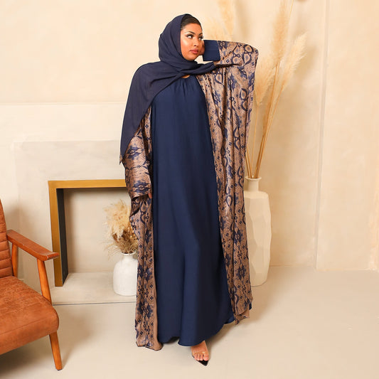 Zahra Batwing Farasha Open Jacket Abaya with inner in Aztec prints Navy -  4 piece set