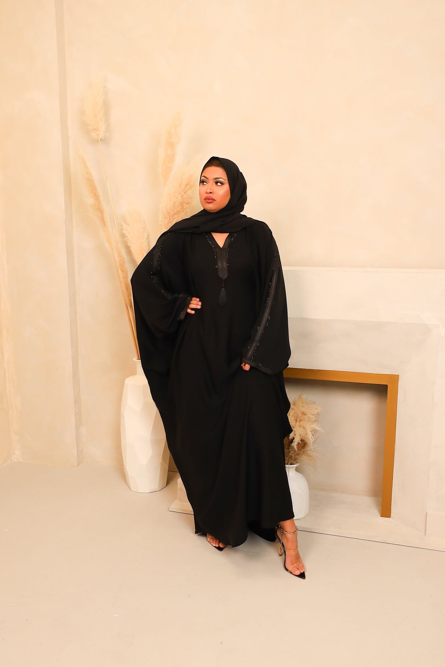 Hayat embellished Kurta Batwing Farasha Abaya in Midnight Black