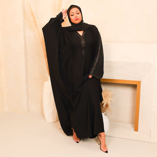 Hayat embellished Kurta Batwing Farasha Abaya in Midnight Black