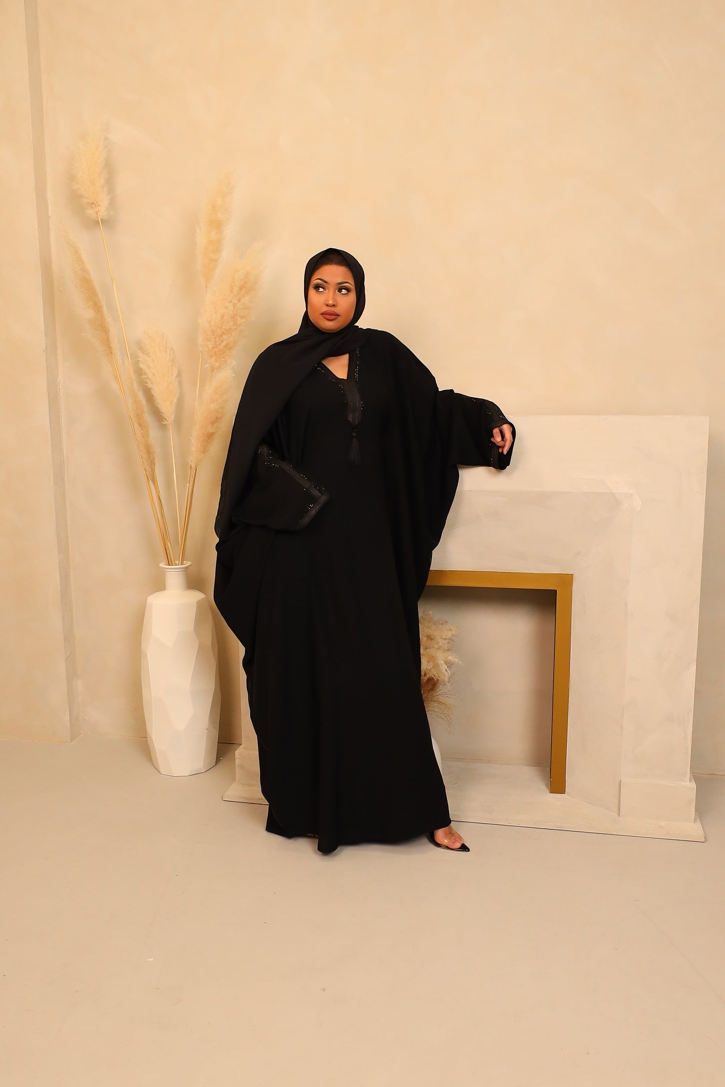 Hayat embellished Kurta Batwing Farasha Abaya in Midnight Black