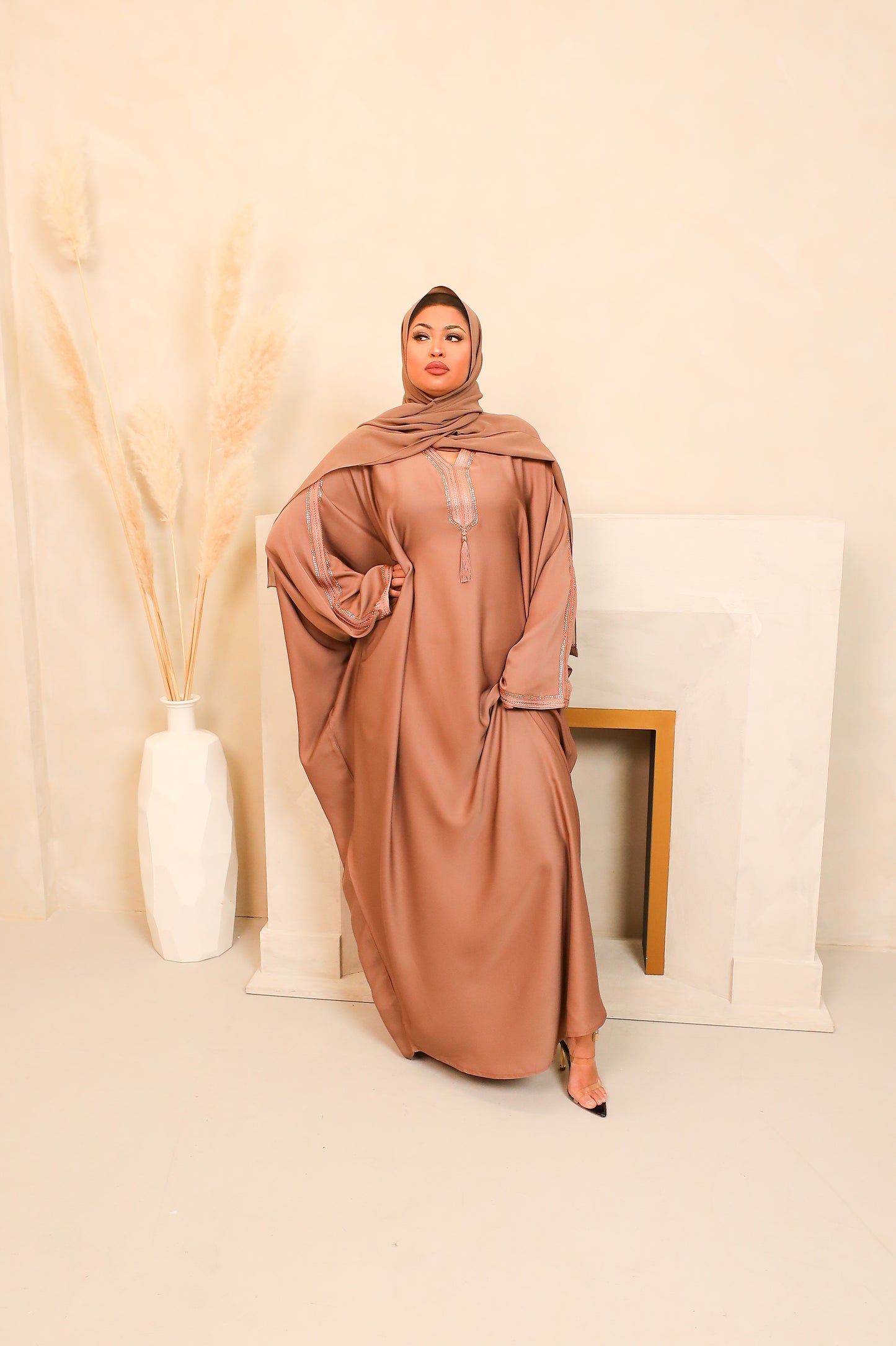 Hayat embellished Kurta Batwing Farasha Abaya in taupe Blush
