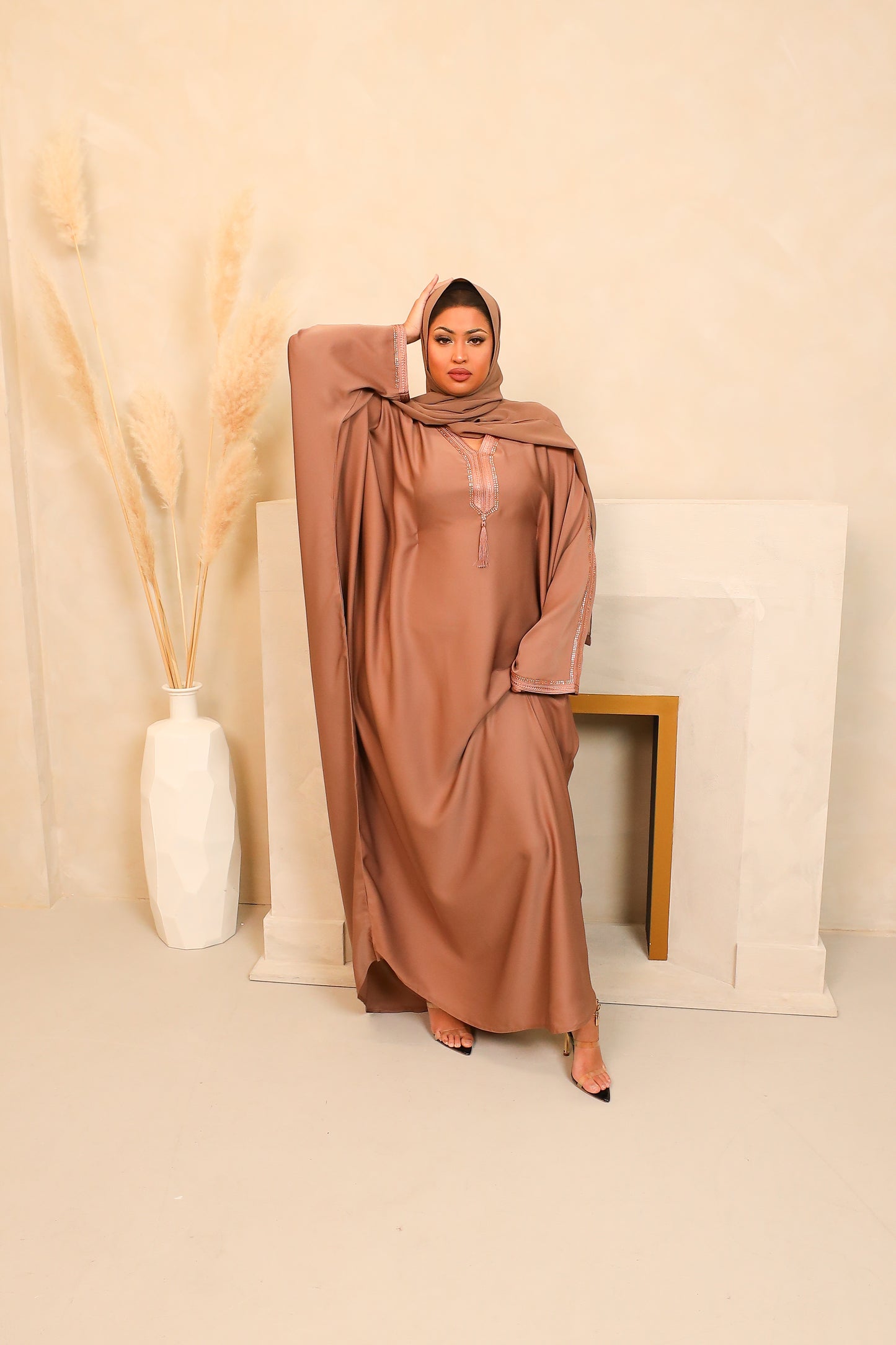 Hayat embellished Kurta Batwing Farasha Abaya in taupe Blush