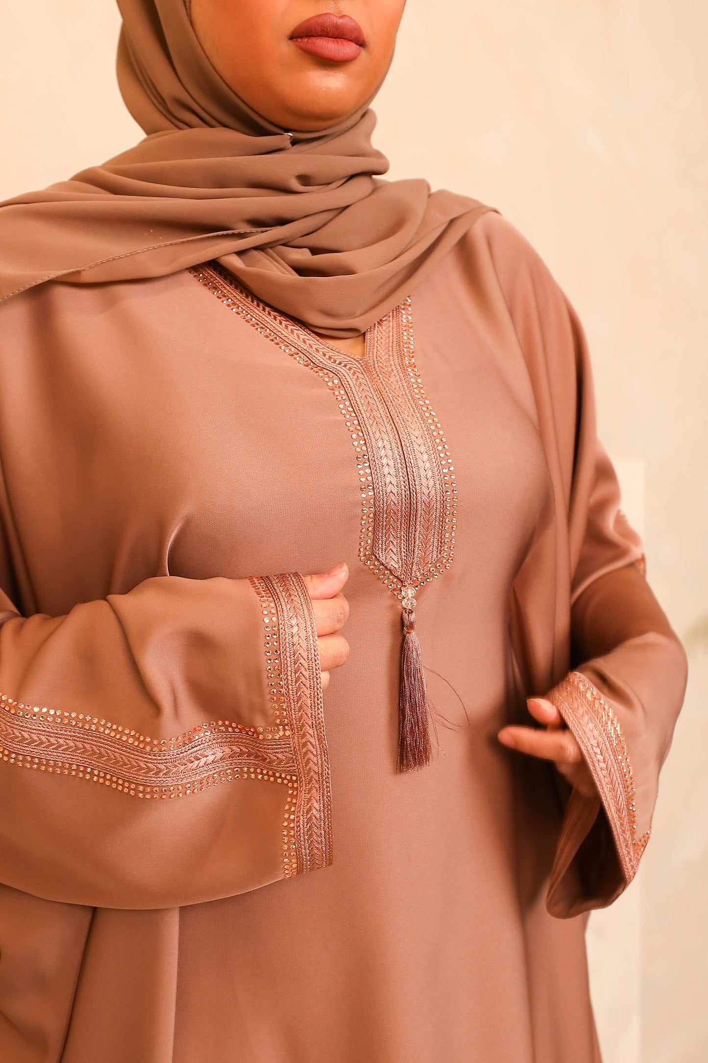 Hayat embellished Kurta Batwing Farasha Abaya in taupe Blush