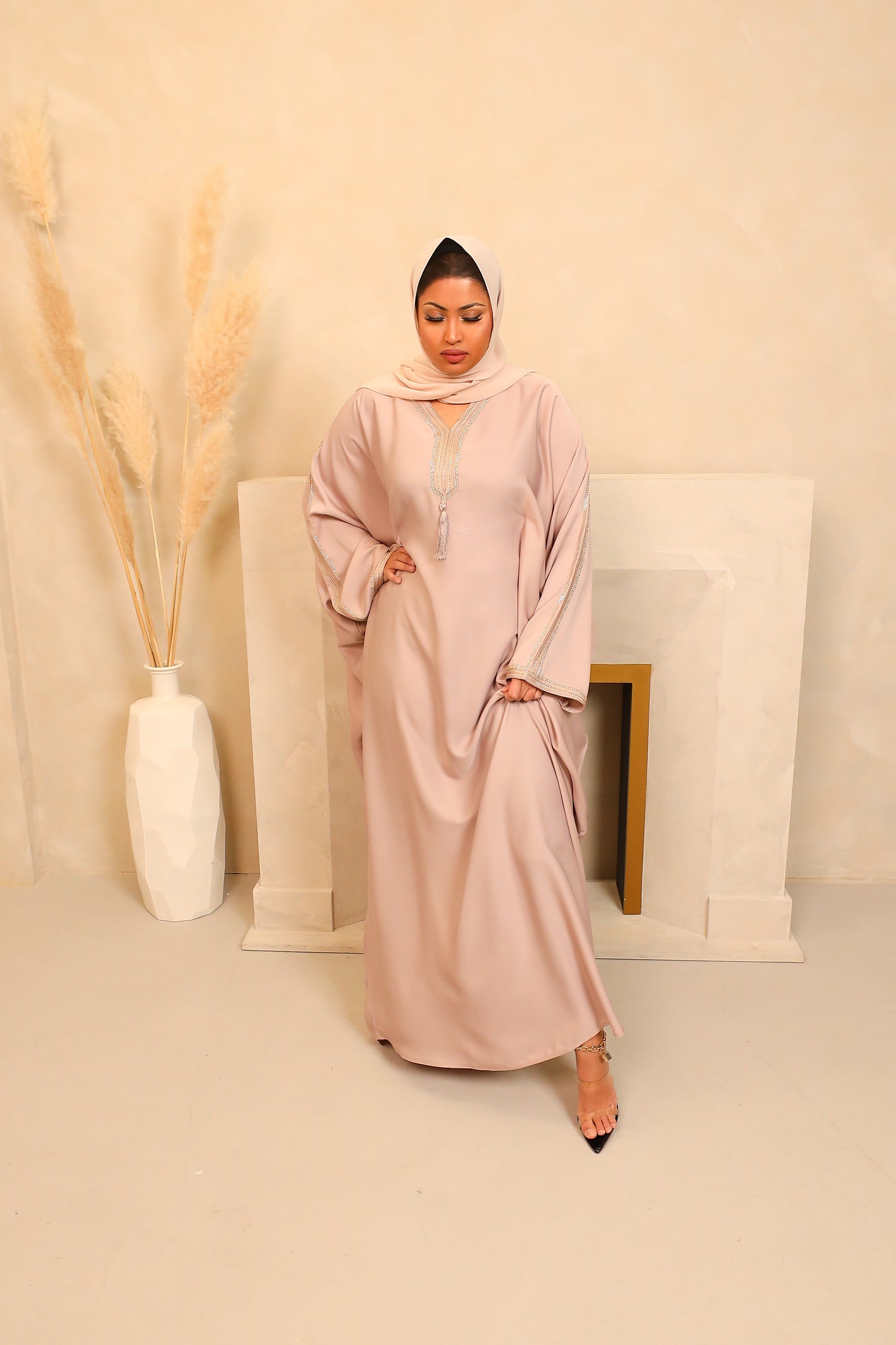 Hayat embellished Kurta Batwing Farasha Abaya in Creamy Beige