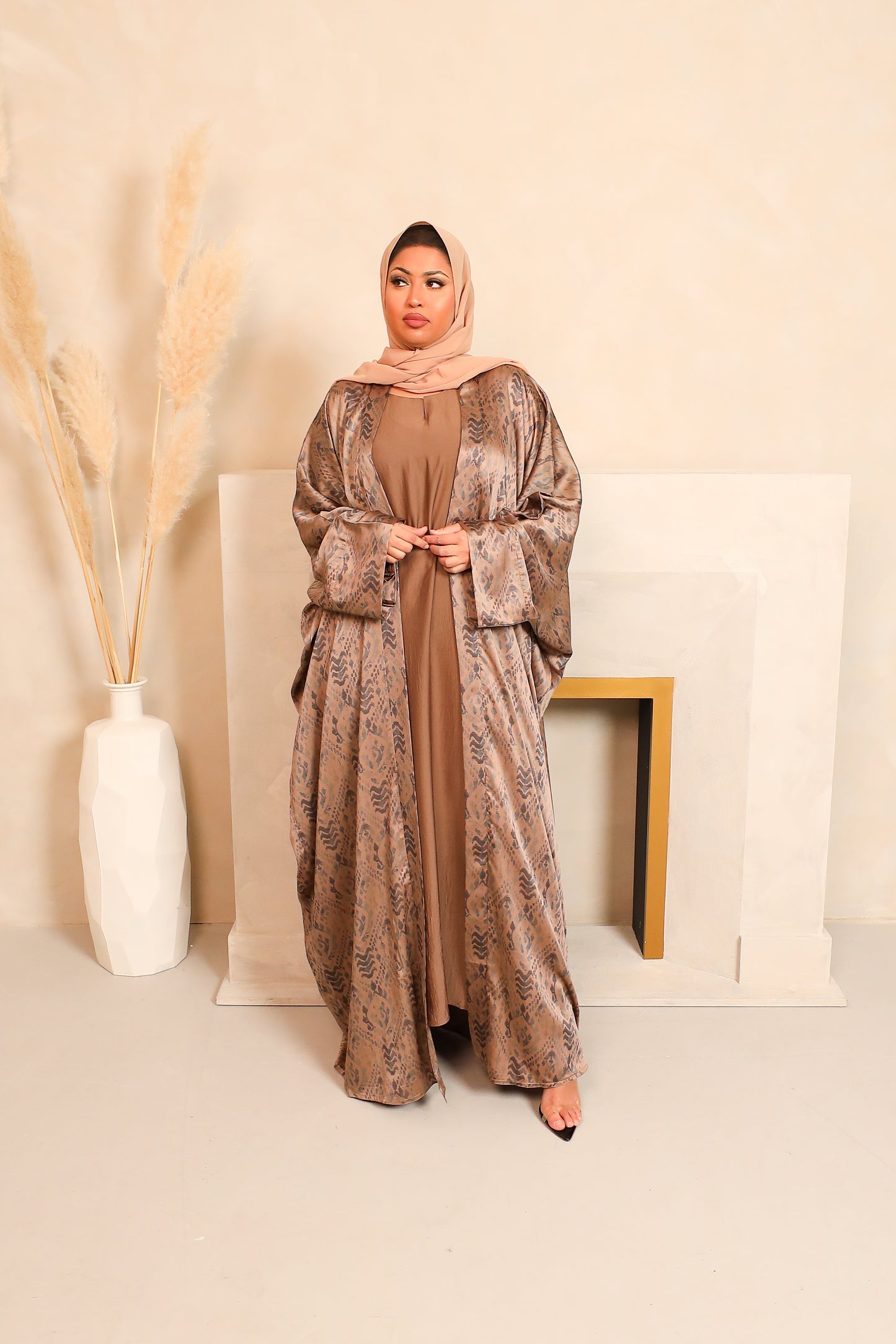Zahra Batwing Farasha Open Jacket Abaya with inner in Tribal prints Blues-  4 piece set