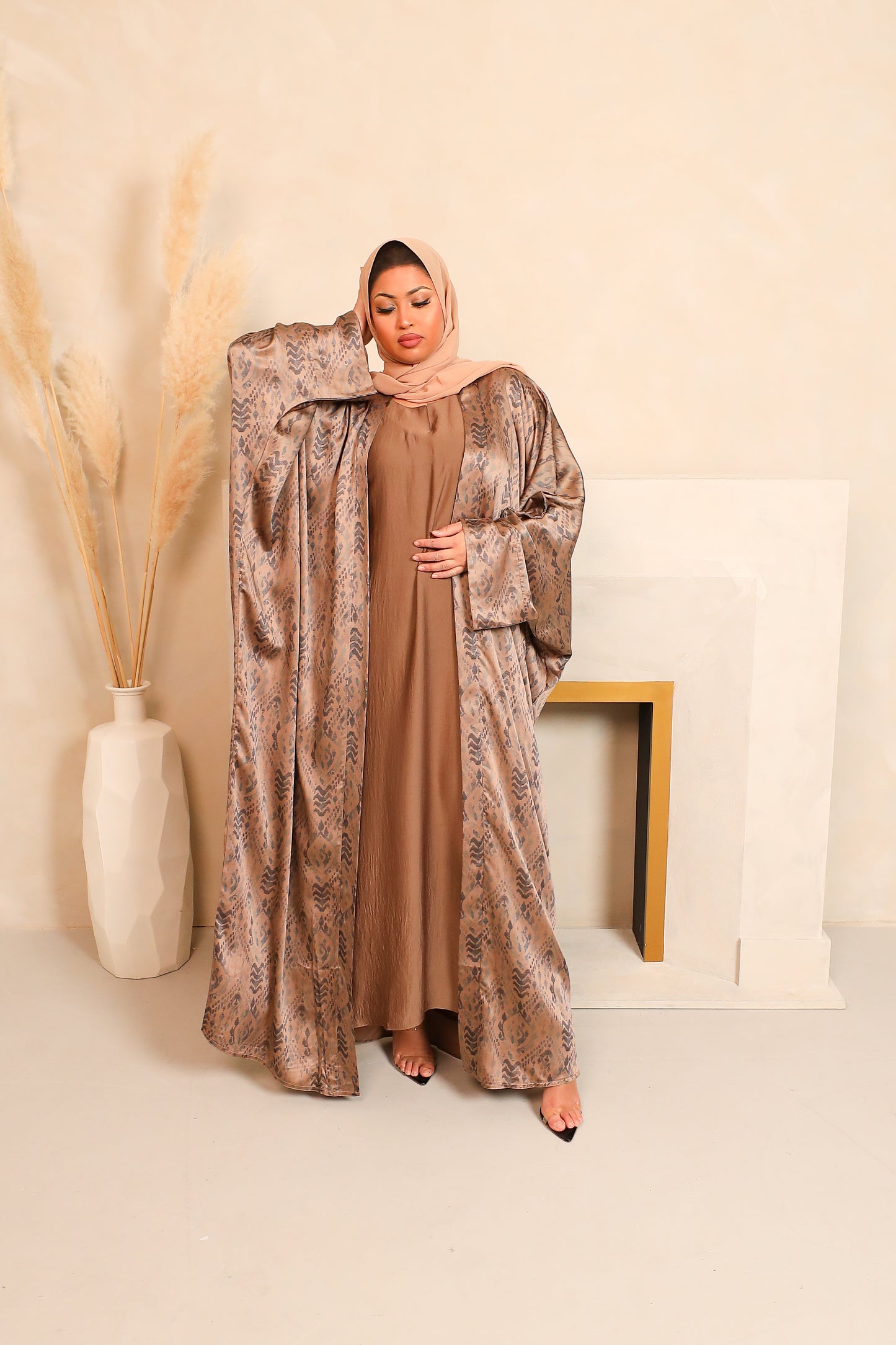 Zahra Batwing Farasha Open Jacket Abaya with inner in Tribal prints Blues-  4 piece set