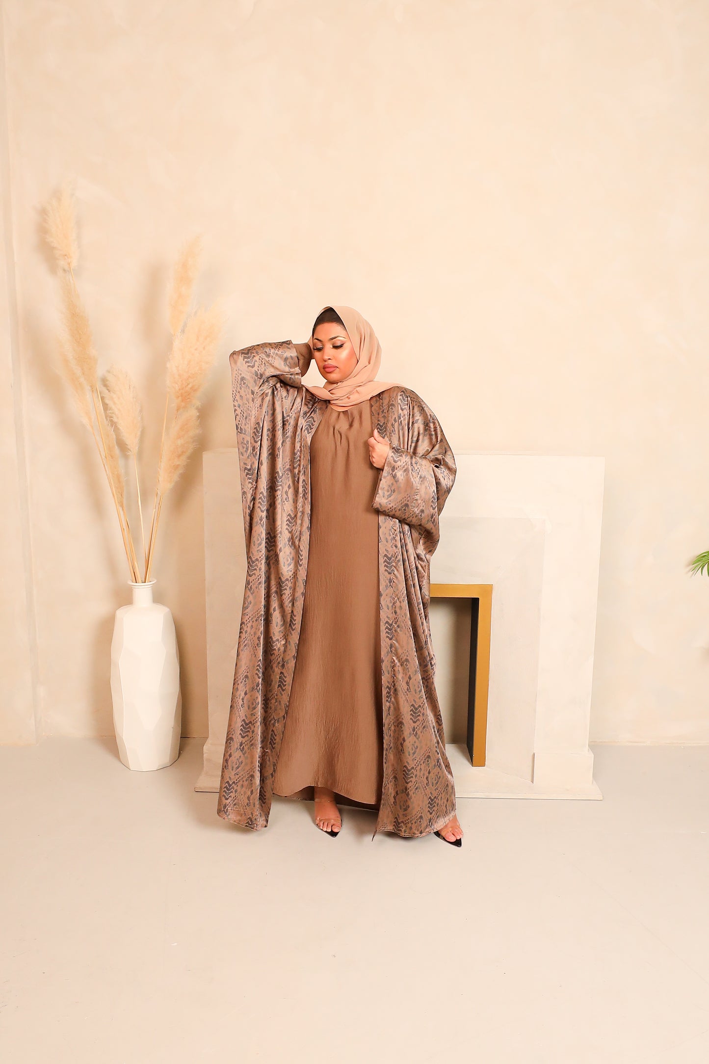 Zahra Batwing Farasha Open Jacket Abaya with inner in Tribal prints Blues-  4 piece set