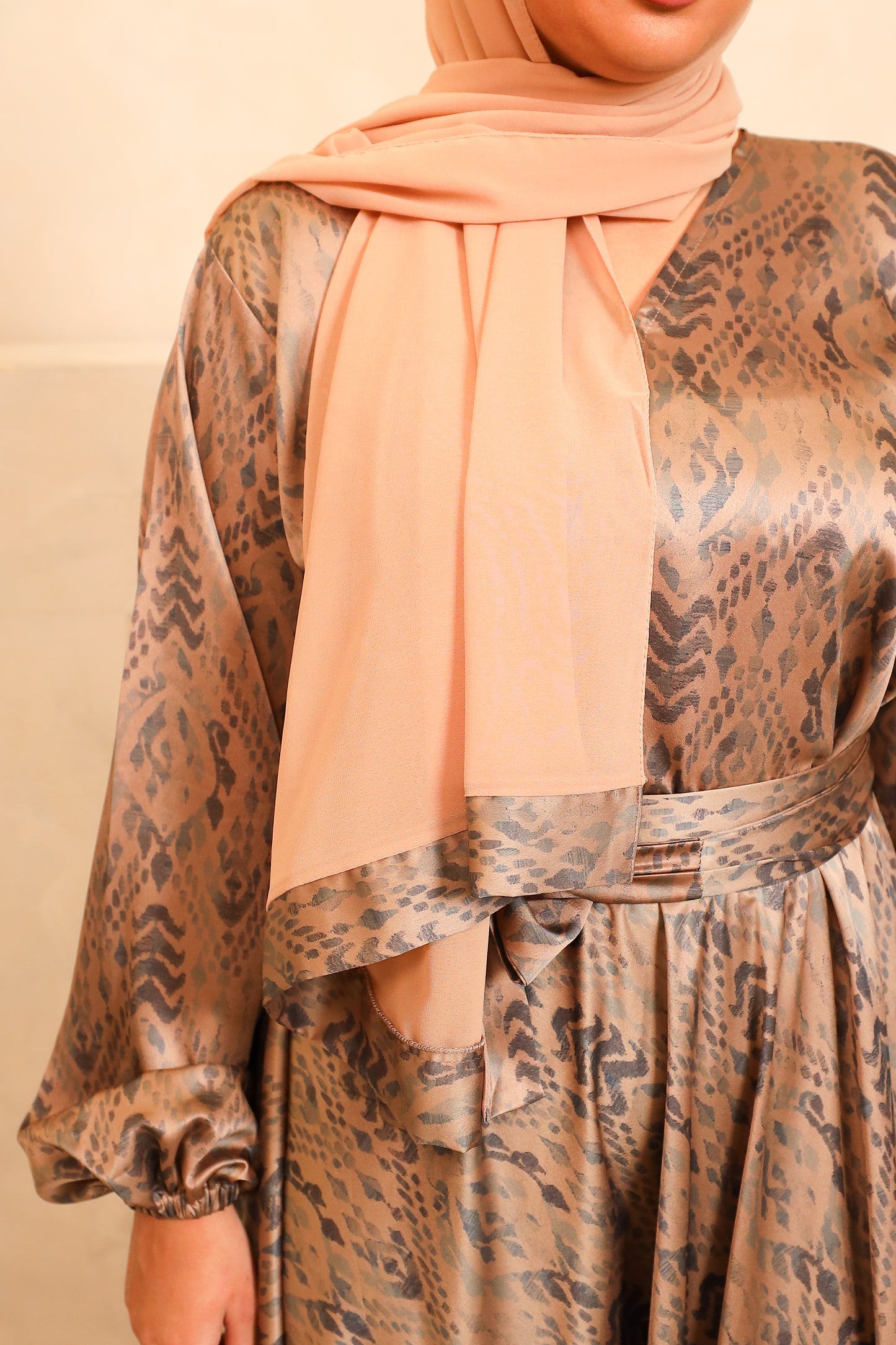 Amal flared Abaya in a Pale Blue tribal motif print