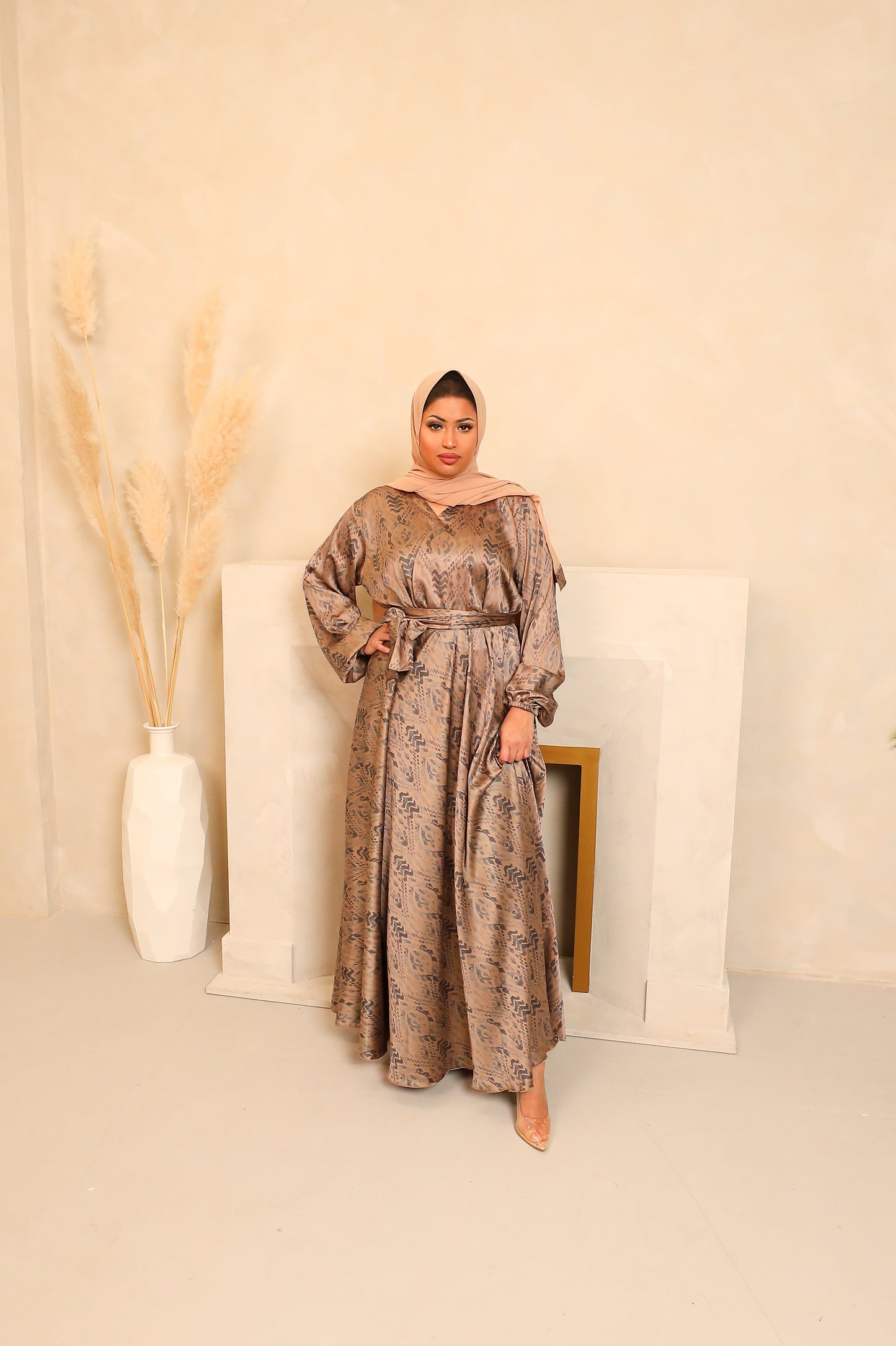 Amal flared Abaya in a Pale Blue tribal motif print